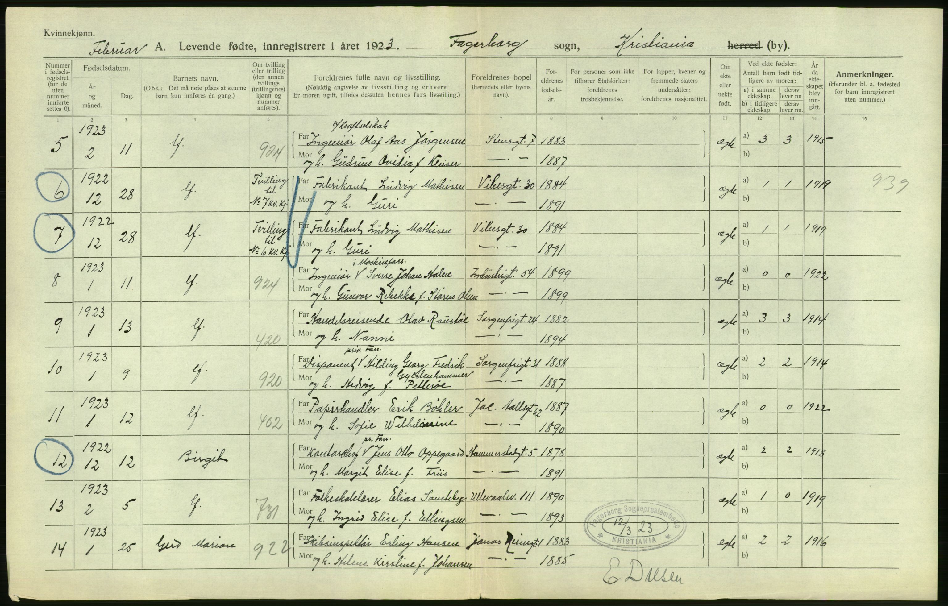 Statistisk sentralbyrå, Sosiodemografiske emner, Befolkning, AV/RA-S-2228/D/Df/Dfc/Dfcc/L0006: Kristiania: Levendefødte menn og kvinner., 1923, s. 78