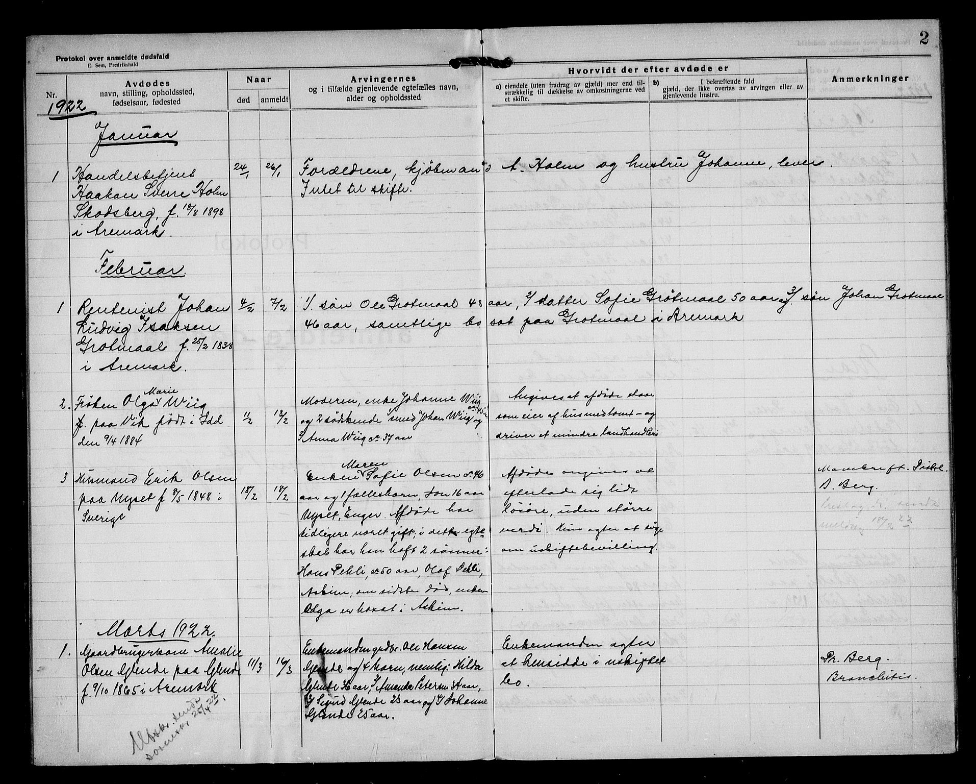 Aremark lensmannskontor, AV/SAO-A-10631/H/Ha/L0004: Dødsfallsprotokoll, 1922-1933, s. 2