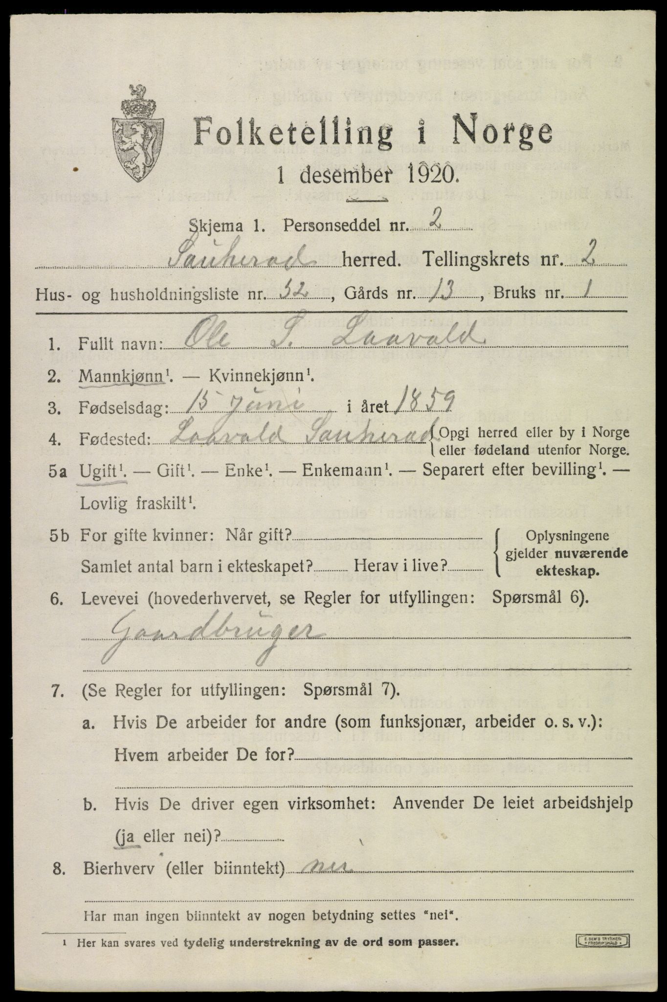 SAKO, Folketelling 1920 for 0822 Sauherad herred, 1920, s. 2871