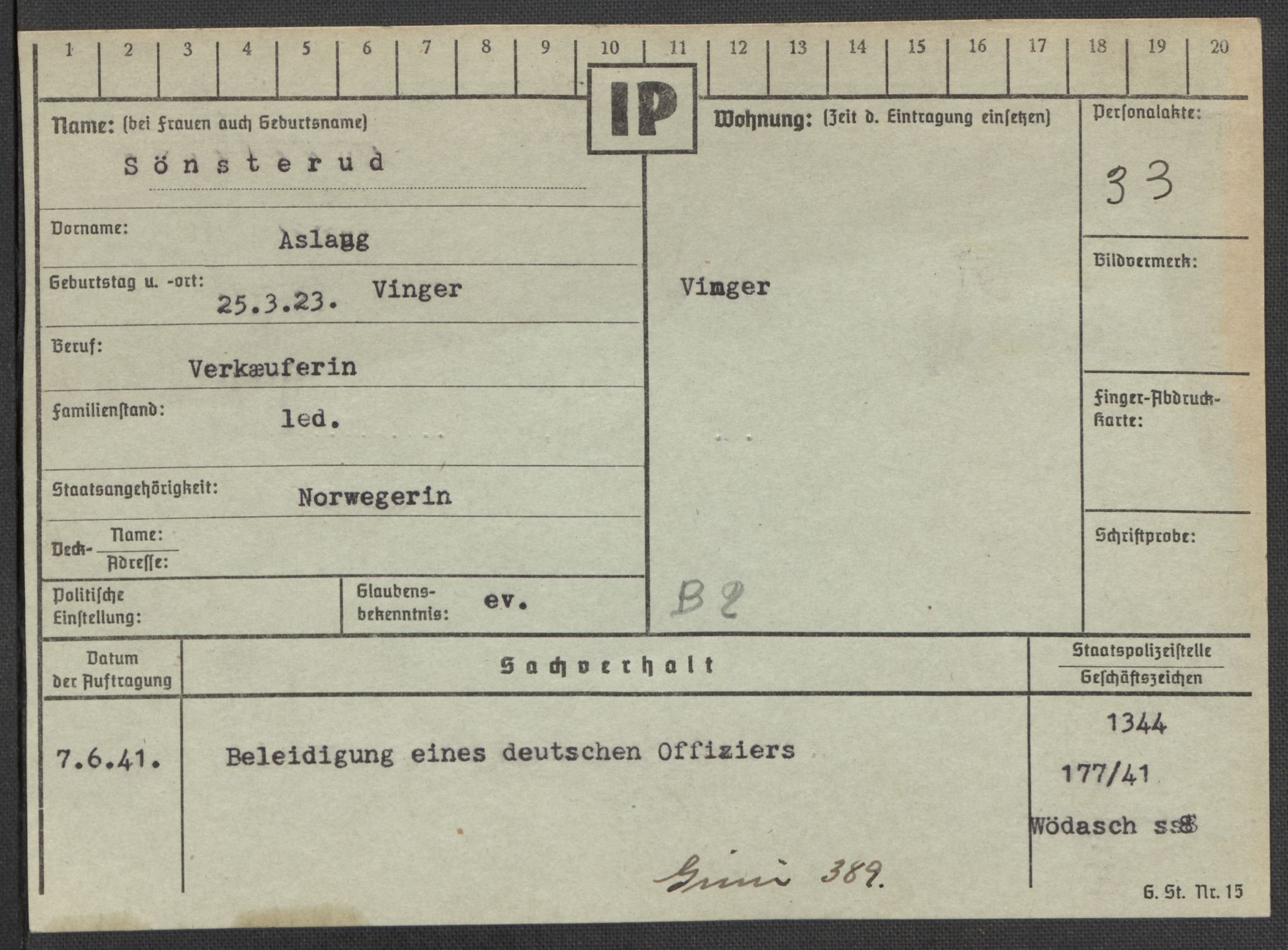 Befehlshaber der Sicherheitspolizei und des SD, AV/RA-RAFA-5969/E/Ea/Eaa/L0010: Register over norske fanger i Møllergata 19: Sø-Å, 1940-1945, s. 6