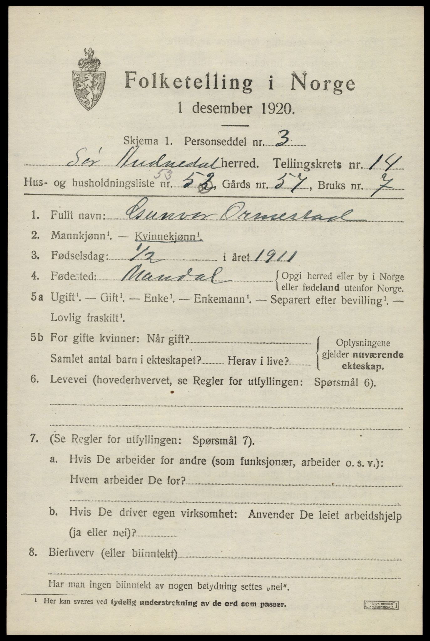 SAK, Folketelling 1920 for 1029 Sør-Audnedal herred, 1920, s. 5677