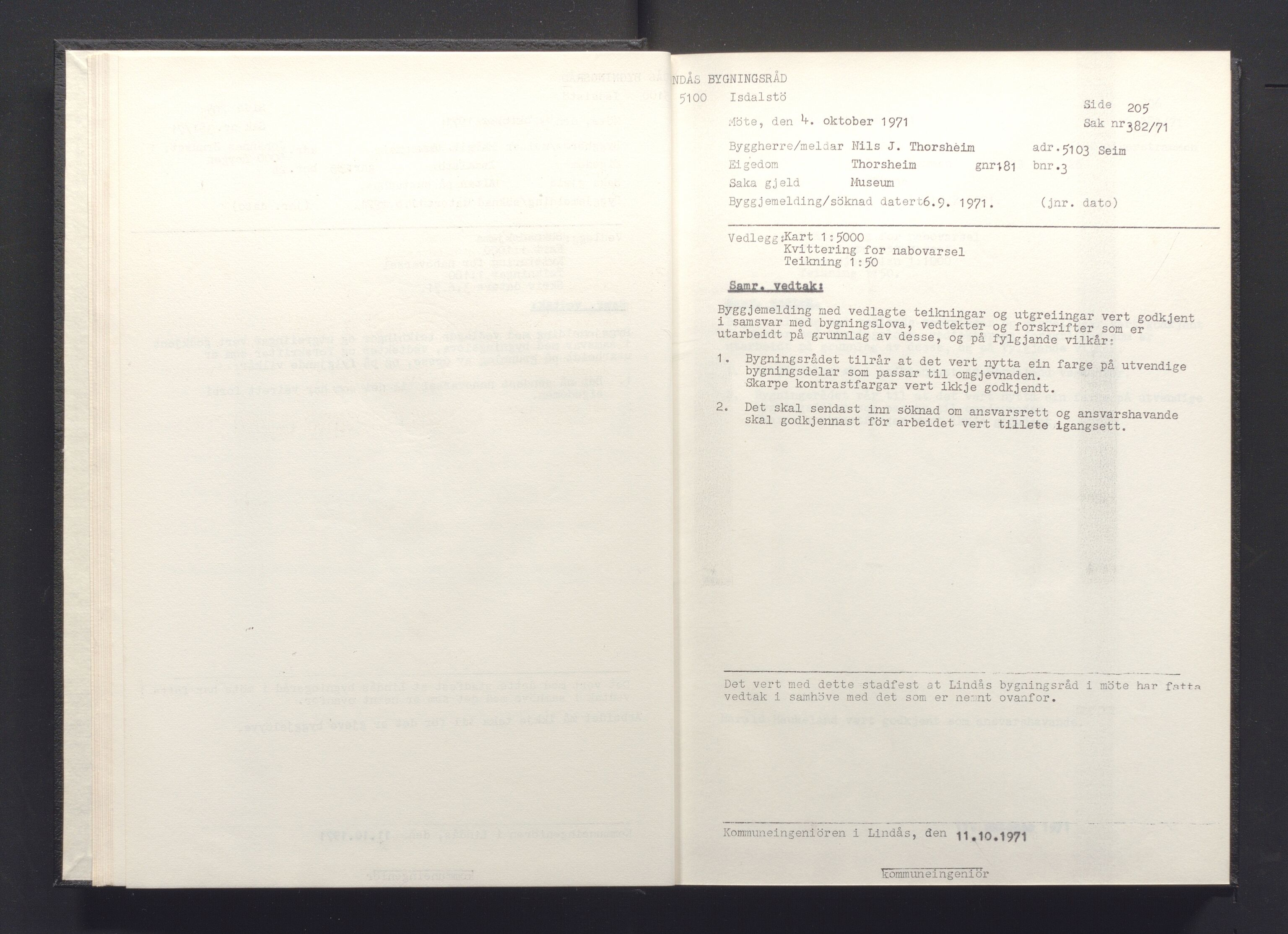 Lindås kommune. Bygningsrådet, IKAH/1263-511/A/Aa/L0008: Møtebok for Lindås bygningsråd, 1971