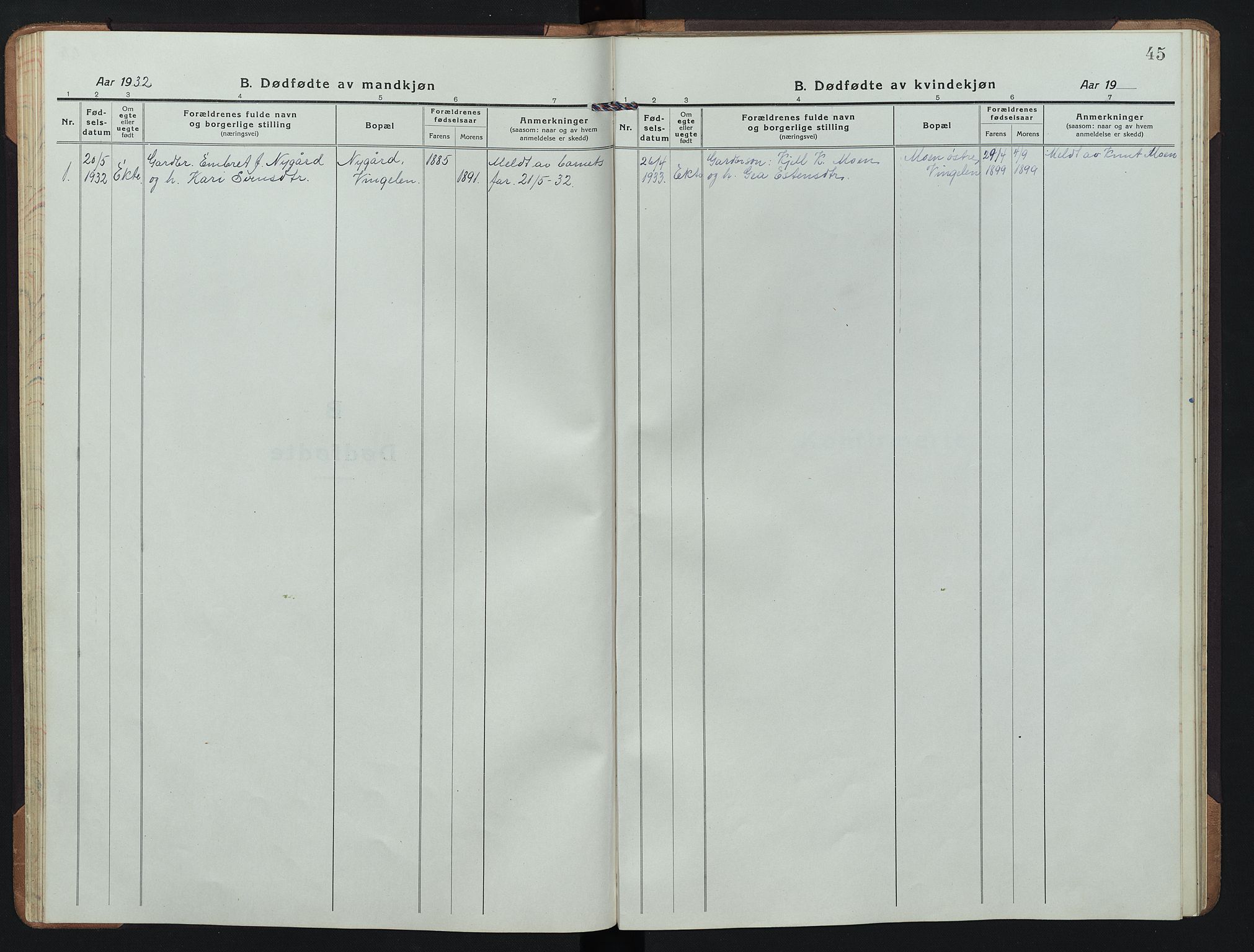 Tolga prestekontor, AV/SAH-PREST-062/L/L0015: Klokkerbok nr. 15, 1919-1946, s. 45