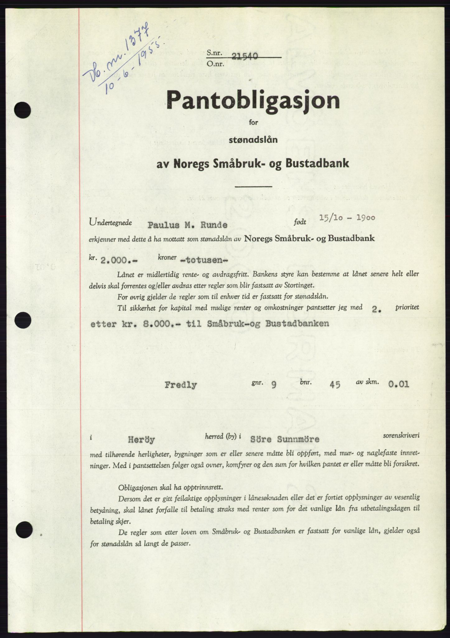 Søre Sunnmøre sorenskriveri, SAT/A-4122/1/2/2C/L0127: Pantebok nr. 15B, 1955-1955, Dagboknr: 1377/1955