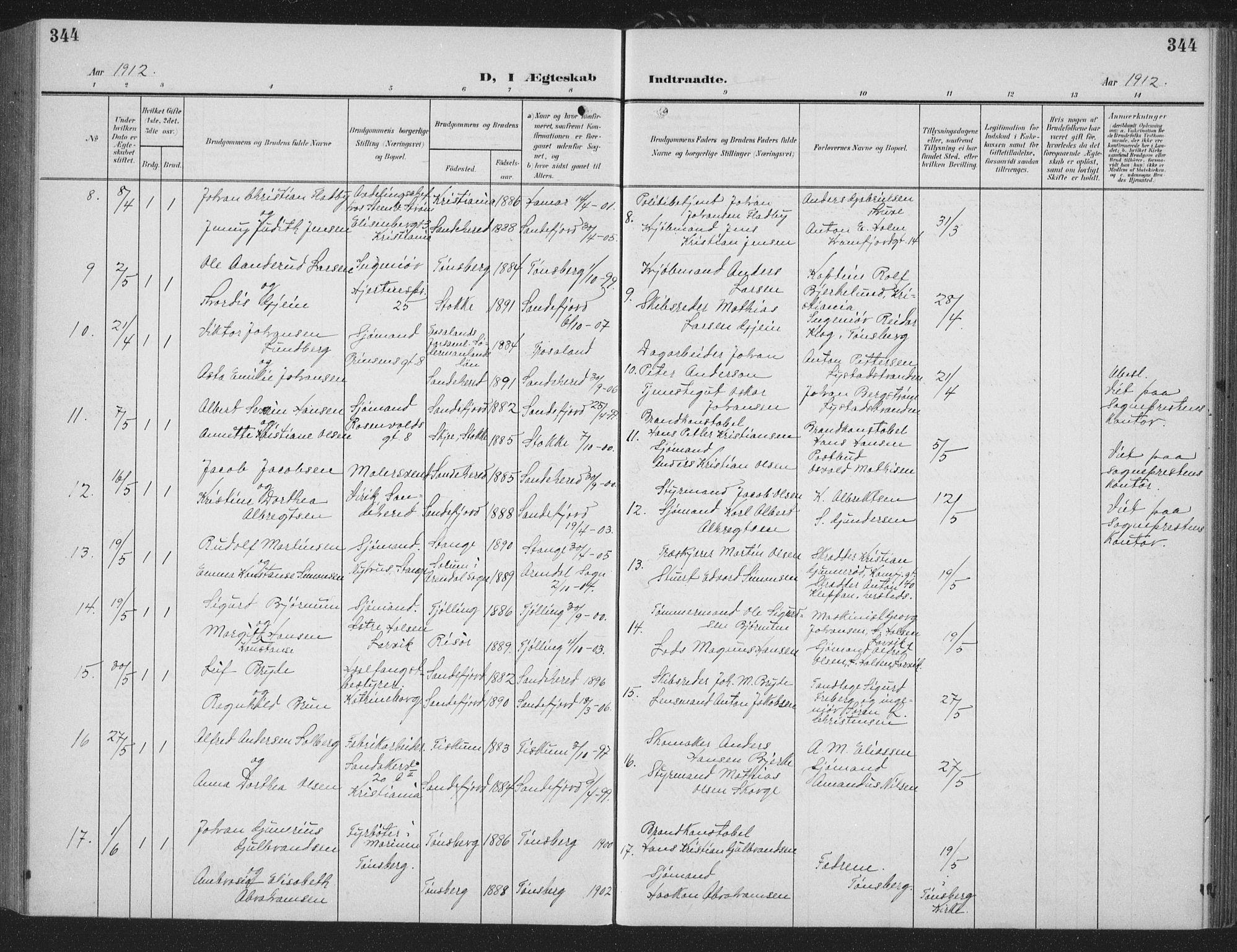 Sandefjord kirkebøker, AV/SAKO-A-315/G/Ga/L0003: Klokkerbok nr. 3, 1903-1920, s. 344