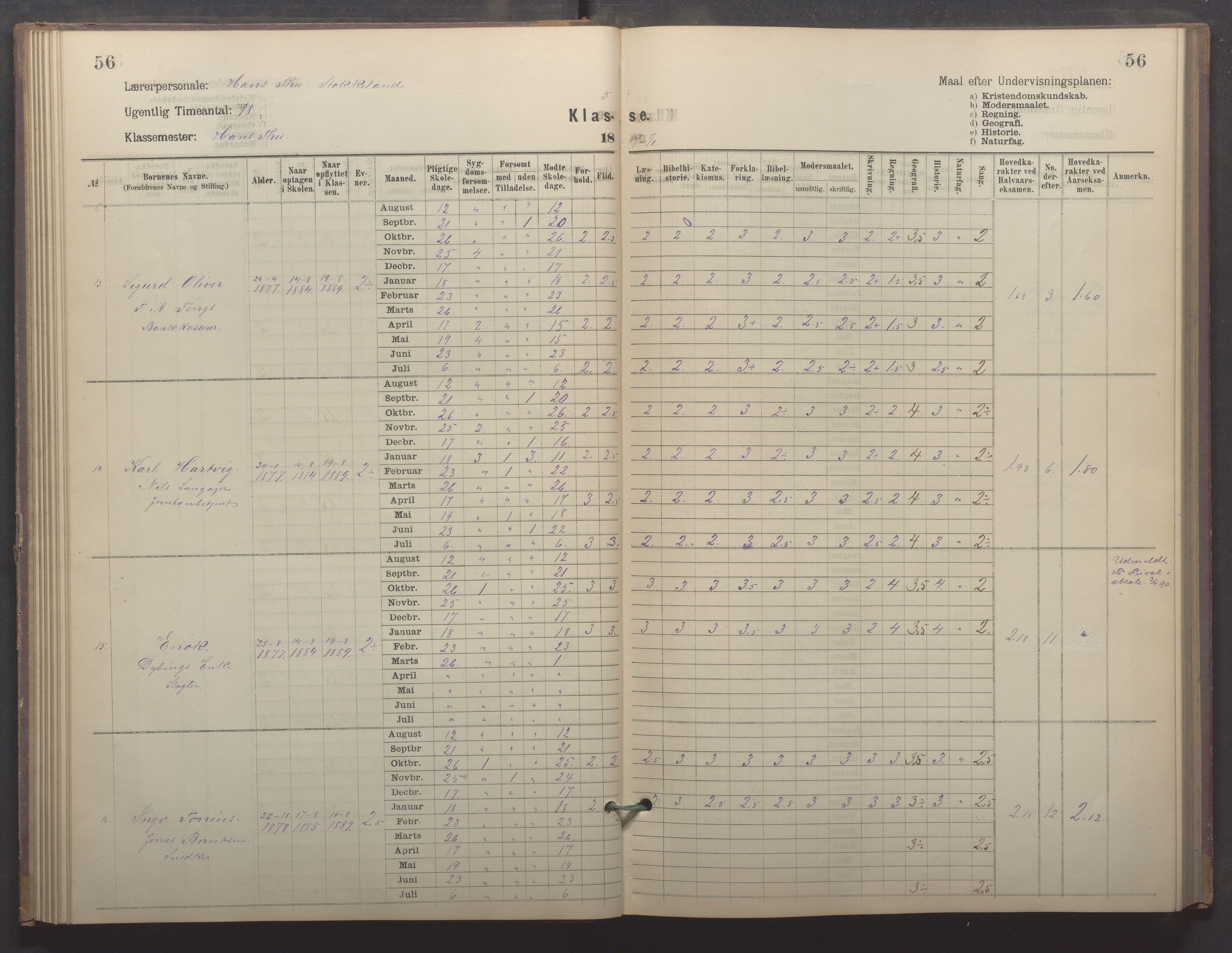 Egersund kommune (Ladested) - Egersund almueskole/folkeskole, IKAR/K-100521/H/L0022: Skoleprotokoll - Almueskolen, 5. klasse, 1886-1892, s. 56