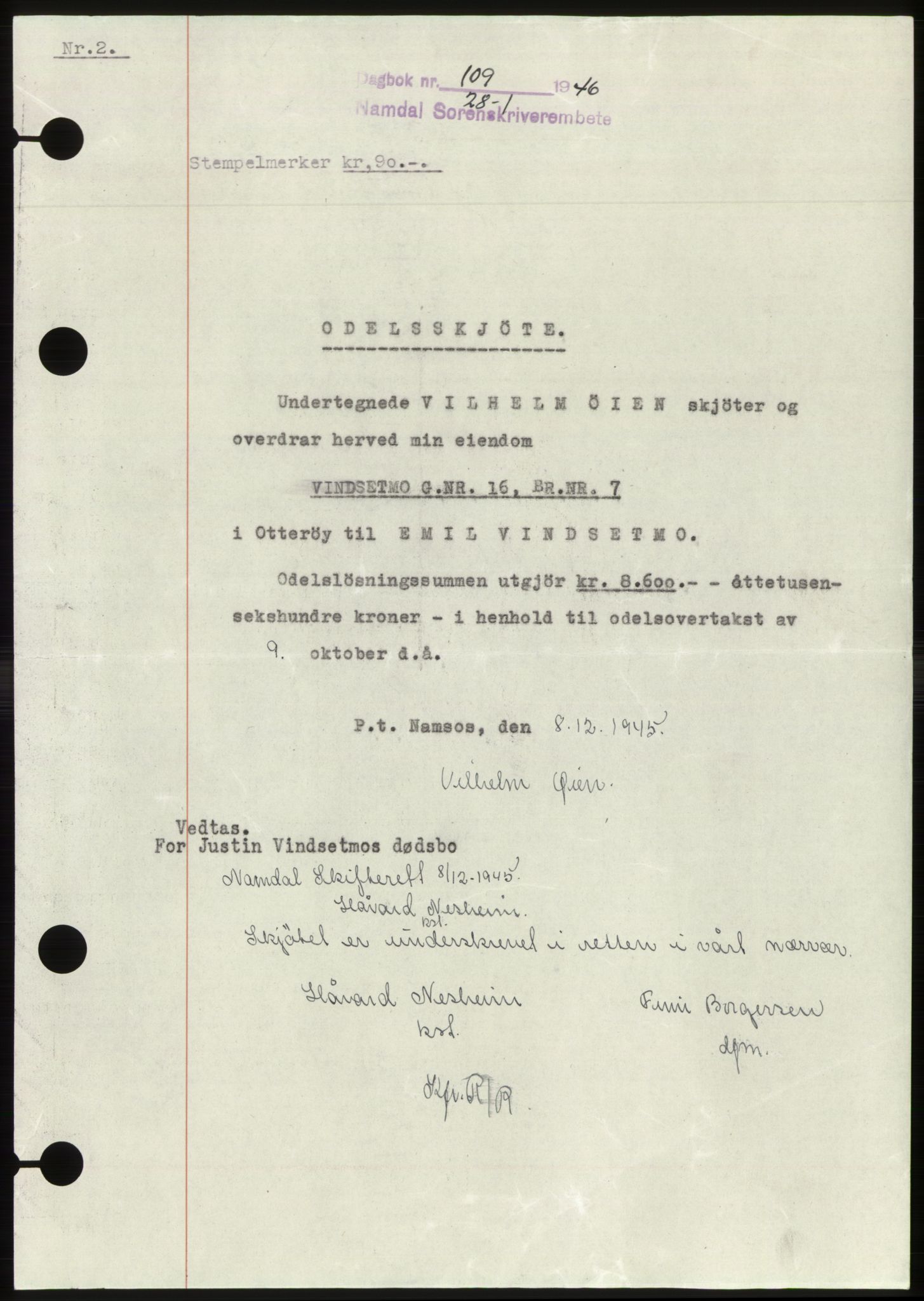 Namdal sorenskriveri, SAT/A-4133/1/2/2C: Pantebok nr. -, 1946-1946, Dagboknr: 109/1946