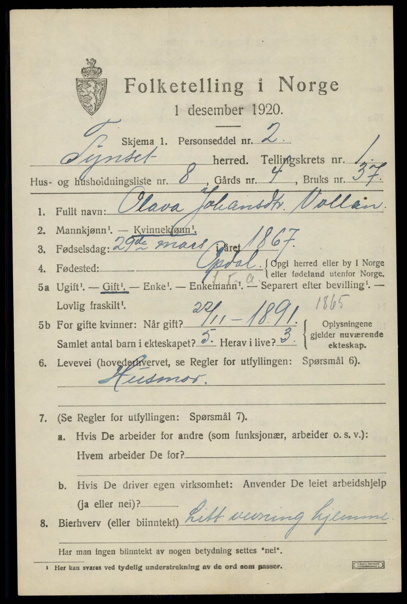 SAH, Folketelling 1920 for 0437 Tynset herred, 1920, s. 1606