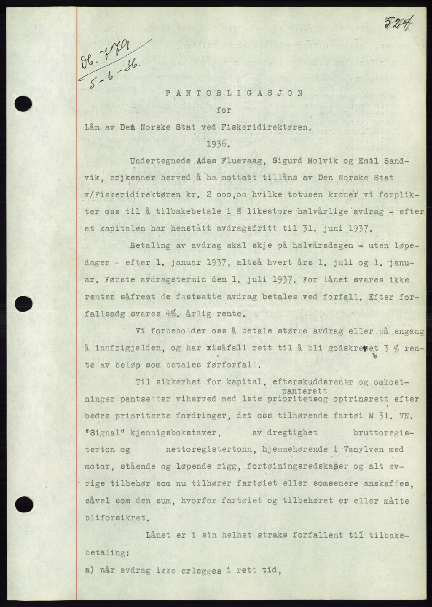 Søre Sunnmøre sorenskriveri, AV/SAT-A-4122/1/2/2C/L0060: Pantebok nr. 54, 1935-1936, Tingl.dato: 05.06.1936