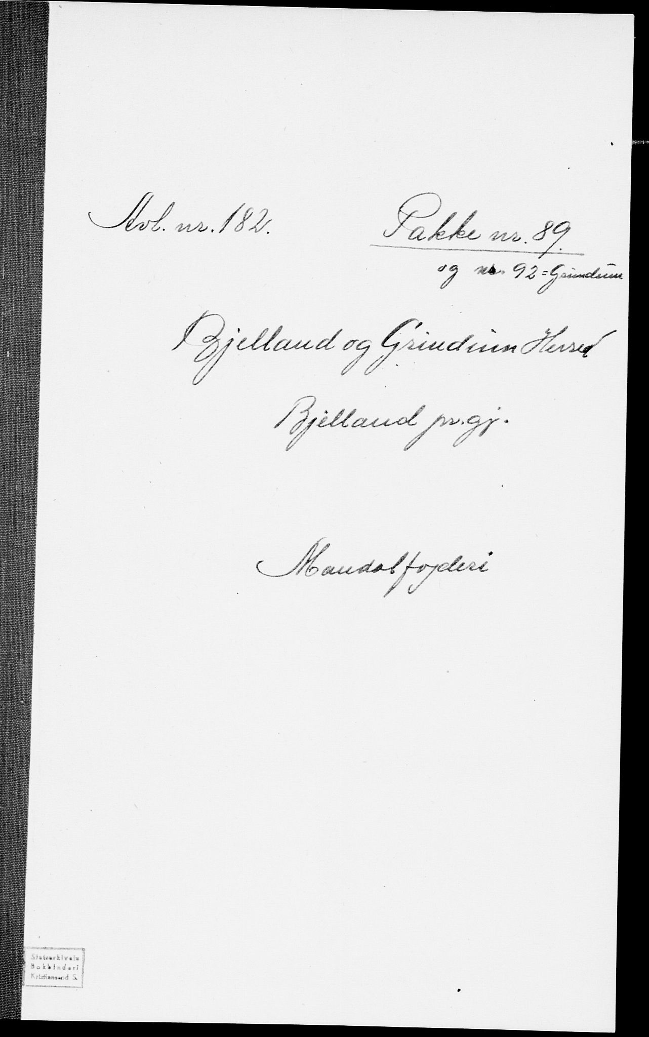 SAK, Folketelling 1875 for 1024P Bjelland prestegjeld, 1875, s. 1