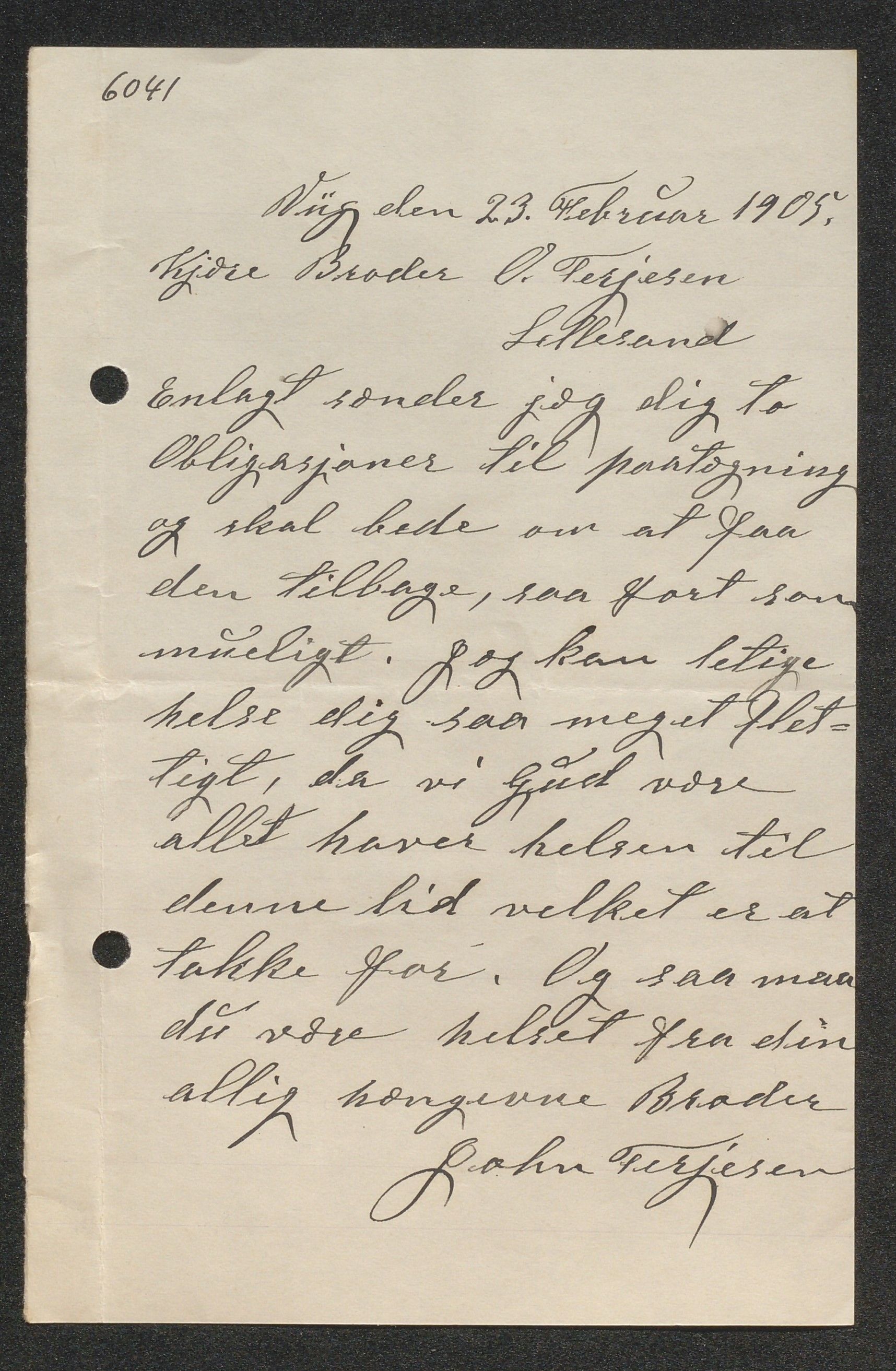 O. Terjesens rederi, AAKS/PA-2525/E/E02/L0001: Privat korrespondanse mellom reder Ole Terjesen og diverse familiemedlemmer, 1890-1916