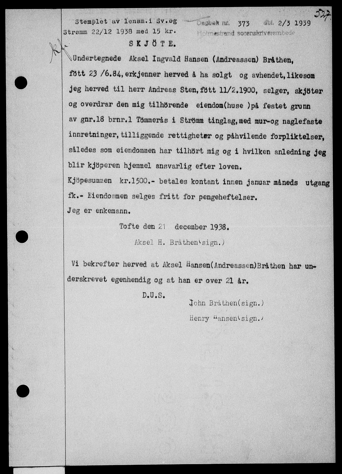 Holmestrand sorenskriveri, SAKO/A-67/G/Ga/Gaa/L0050: Pantebok nr. A-50, 1938-1939, Dagboknr: 373/1939