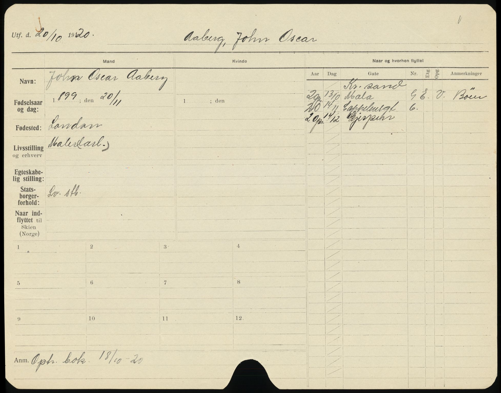 Skien folkeregister, SAKO/A-425/G/Ga/L0003: Utflyttede, 1920