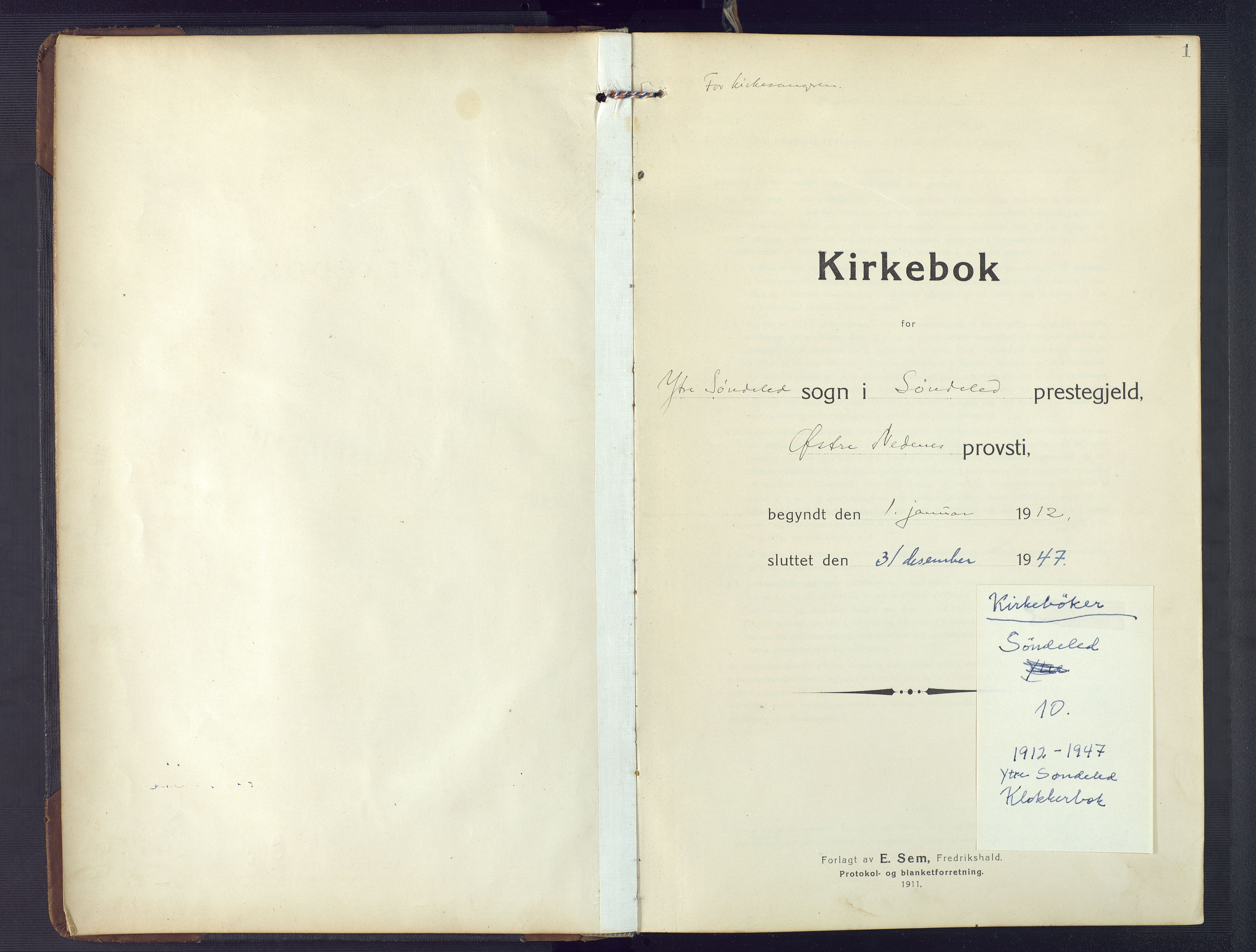 Søndeled sokneprestkontor, AV/SAK-1111-0038/F/Fb/L0006: Klokkerbok nr. B 7, 1912-1947, s. 1