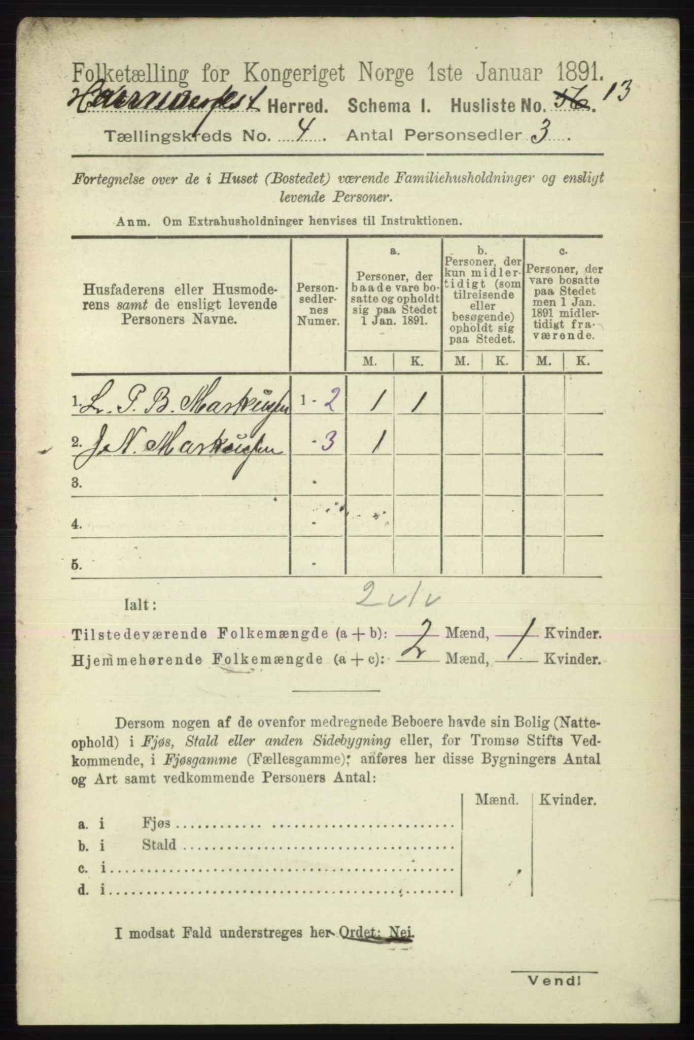 RA, Folketelling 1891 for 2016 Hammerfest herred, 1891, s. 1100