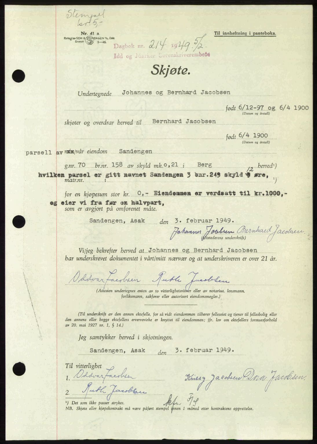 Idd og Marker sorenskriveri, SAO/A-10283/G/Gb/Gbb/L0011: Pantebok nr. A11, 1948-1949, Dagboknr: 214/1949