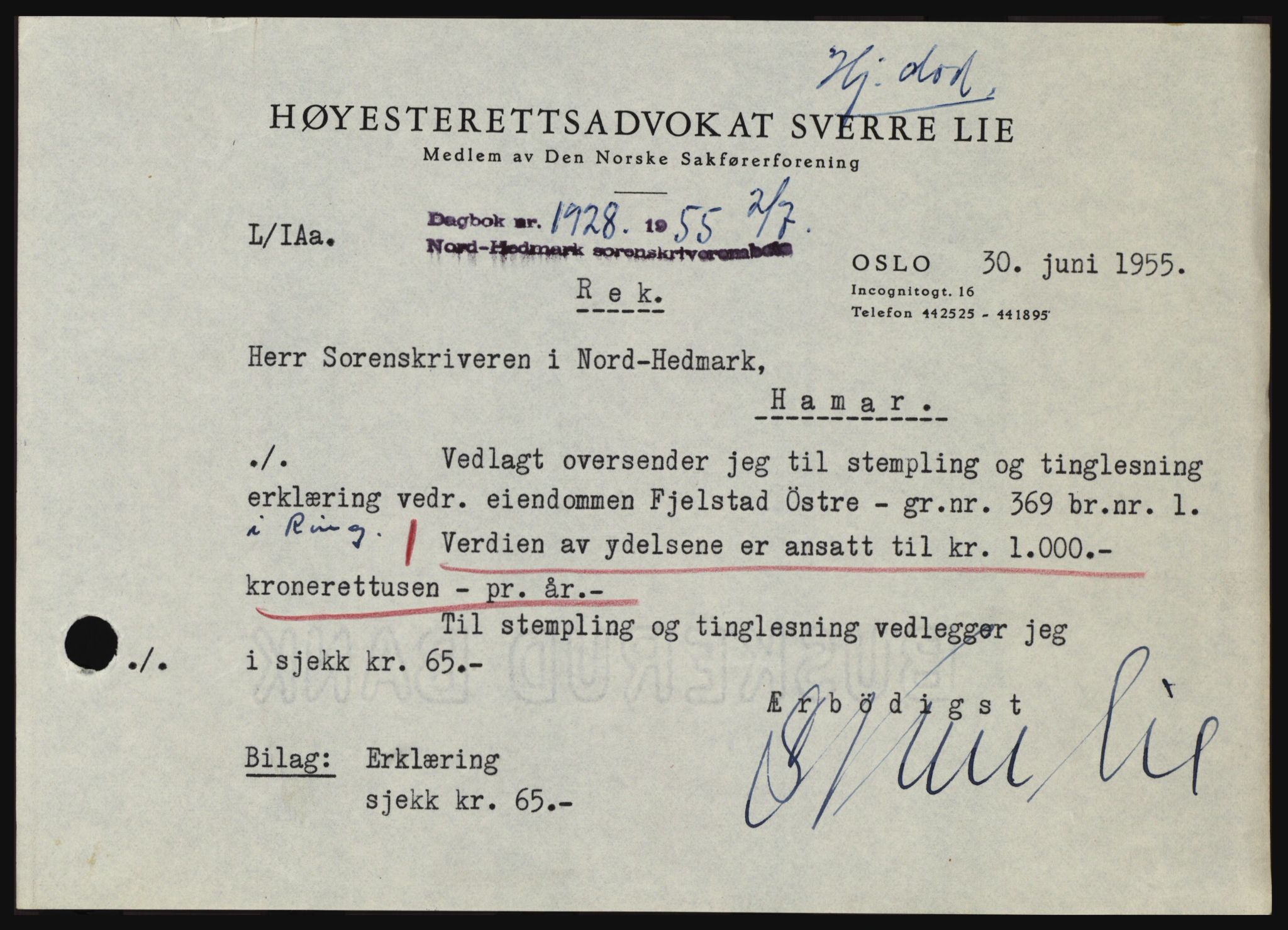 Nord-Hedmark sorenskriveri, SAH/TING-012/H/Hc/L0010: Pantebok nr. 10, 1955-1956, Dagboknr: 1928/1955