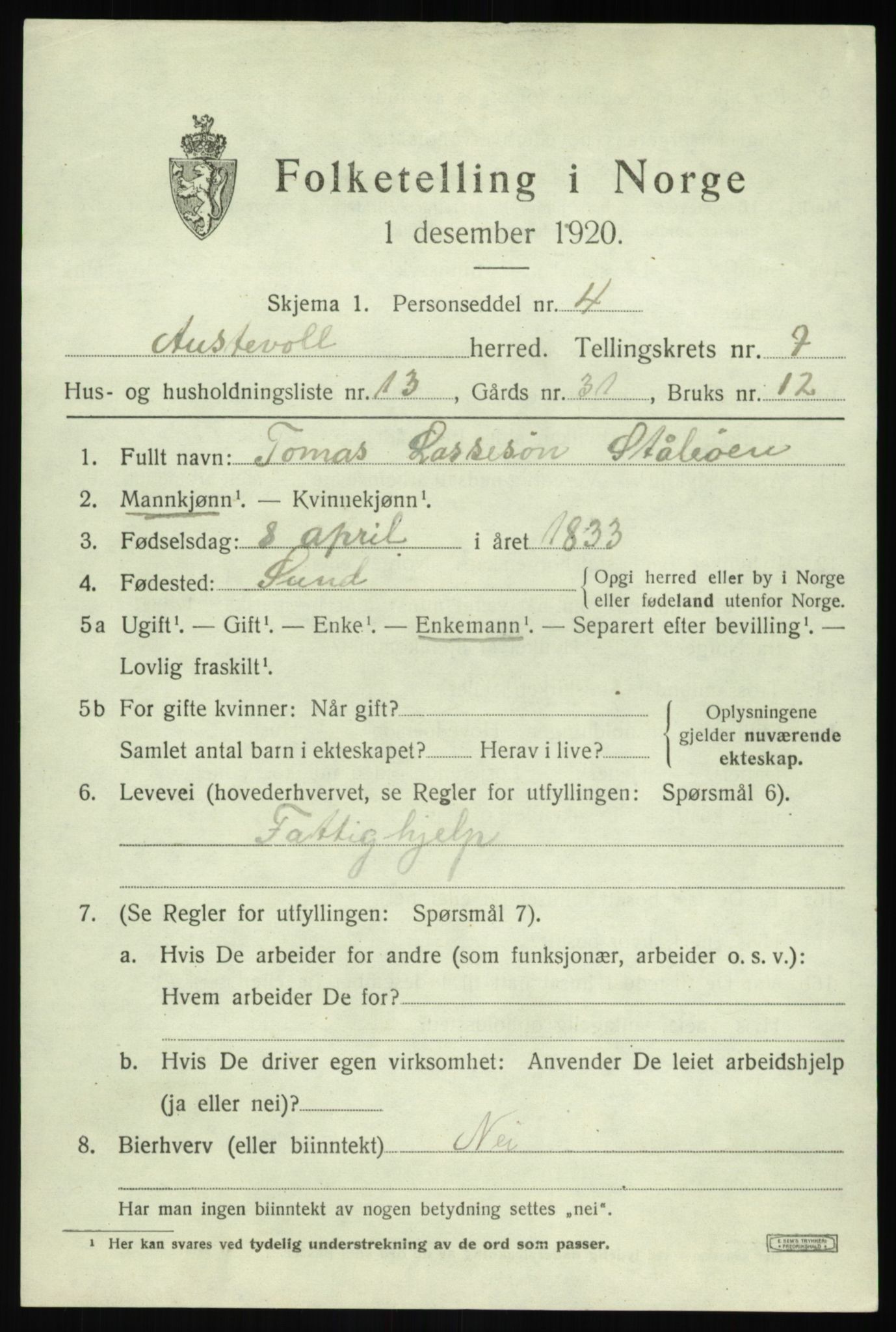 SAB, Folketelling 1920 for 1244 Austevoll herred, 1920, s. 3828