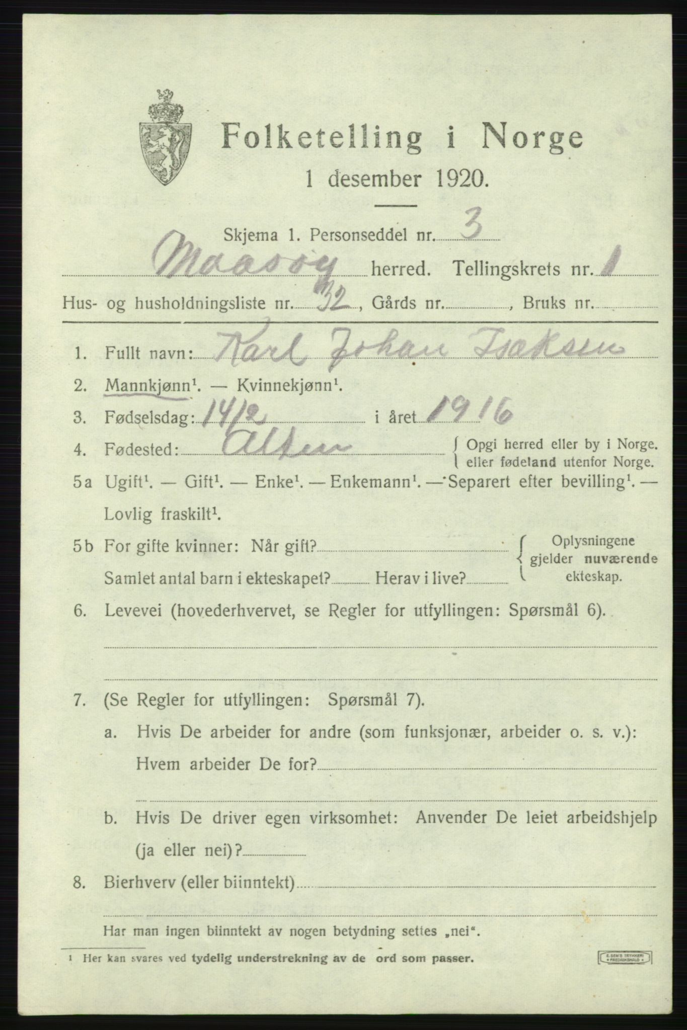 SATØ, Folketelling 1920 for 2018 Måsøy herred, 1920, s. 1170