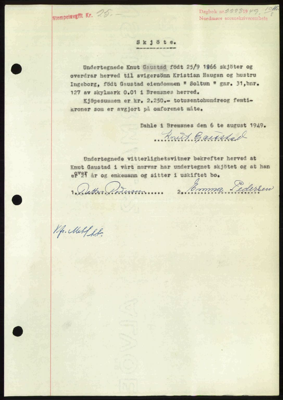Nordmøre sorenskriveri, SAT/A-4132/1/2/2Ca: Pantebok nr. A112, 1949-1949, Dagboknr: 2223/1949