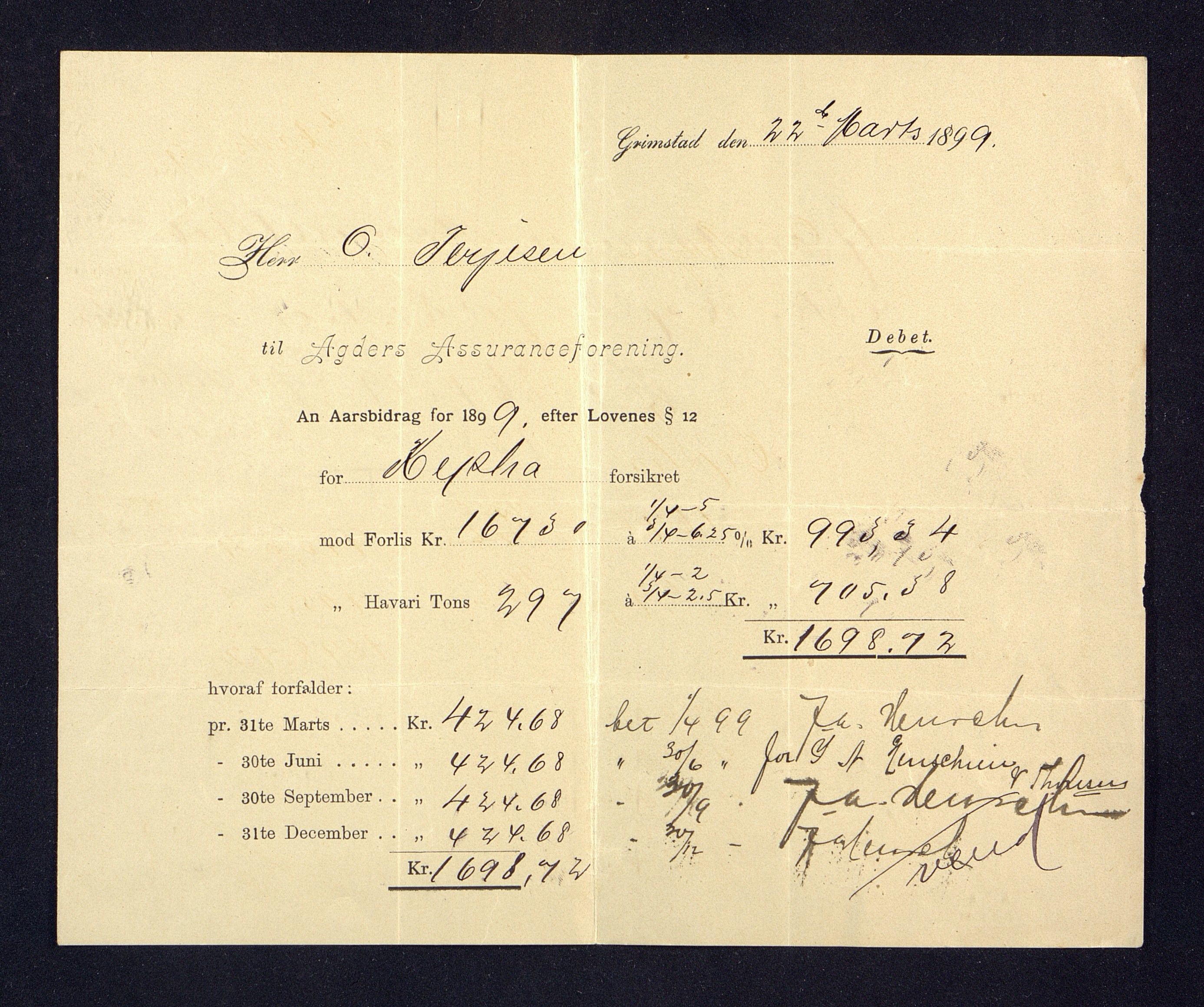 O. Terjesens rederi, AAKS/PA-2525/R/R02/L0001: Regnskapsbilag, 1884-1898