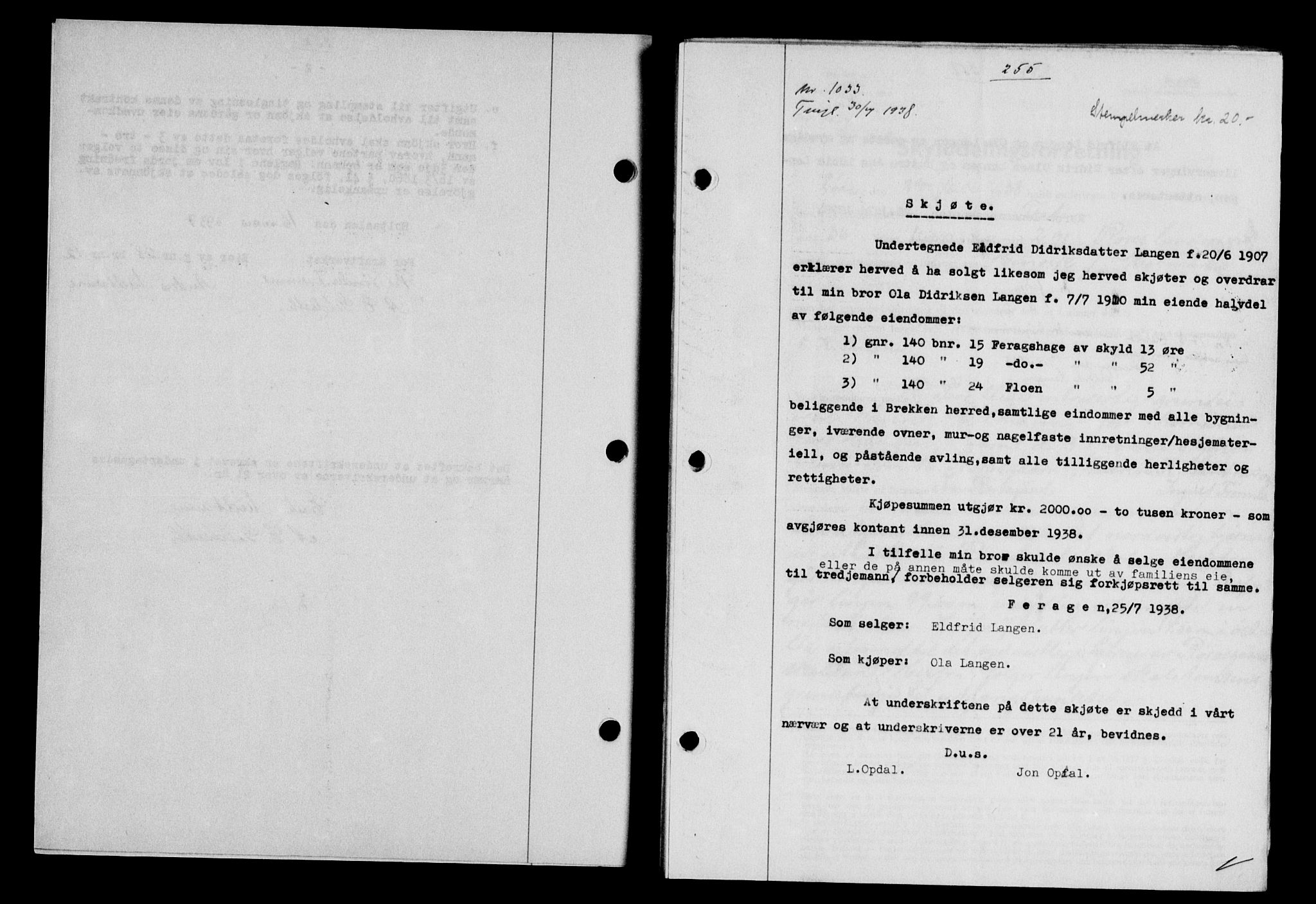 Gauldal sorenskriveri, SAT/A-0014/1/2/2C/L0049: Pantebok nr. 53, 1938-1938, Dagboknr: 1033/1938