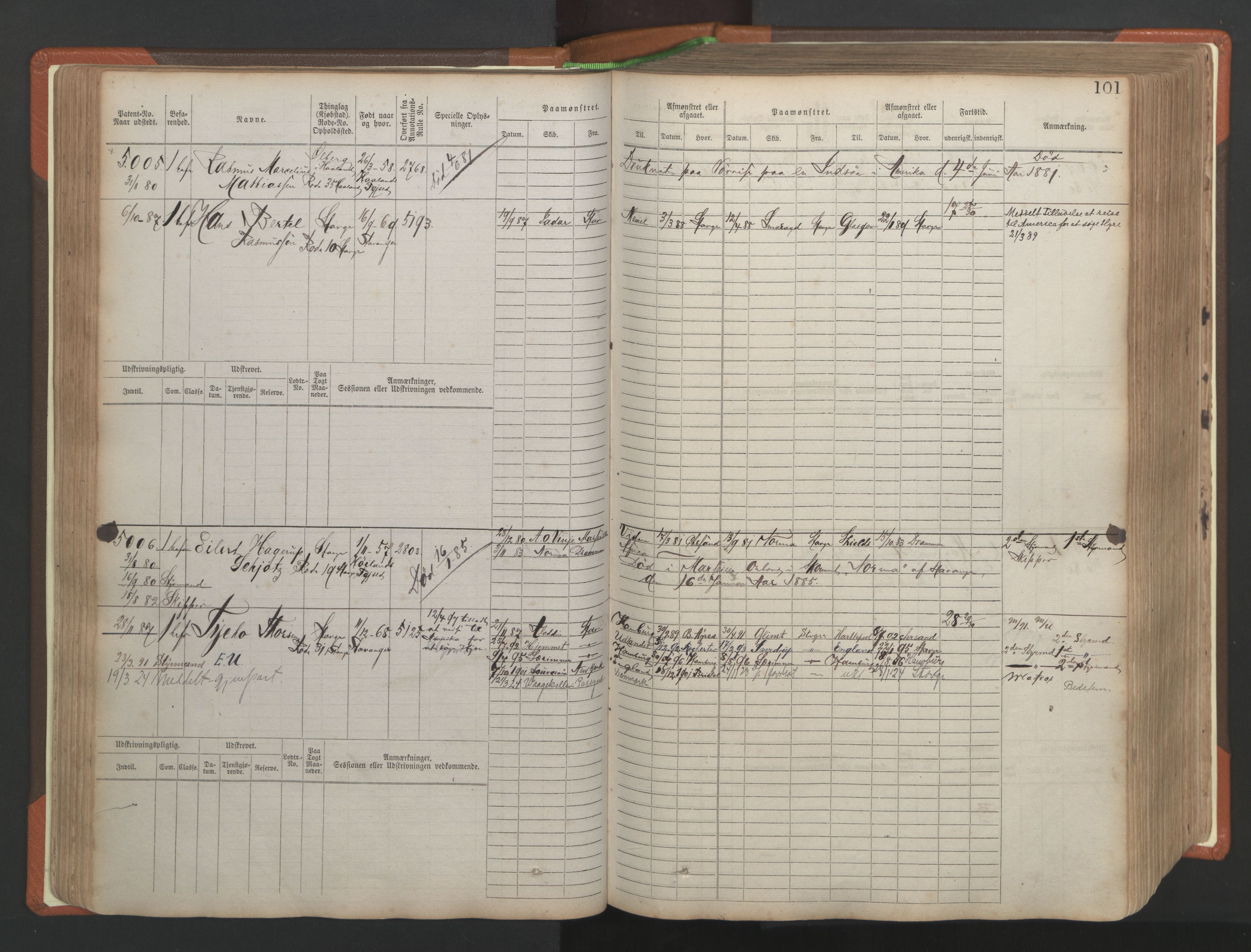 Stavanger sjømannskontor, AV/SAST-A-102006/F/Fb/Fbb/L0009: Sjøfartshovedrulle, patentnr. 4805-6006, 1879-1887, s. 107