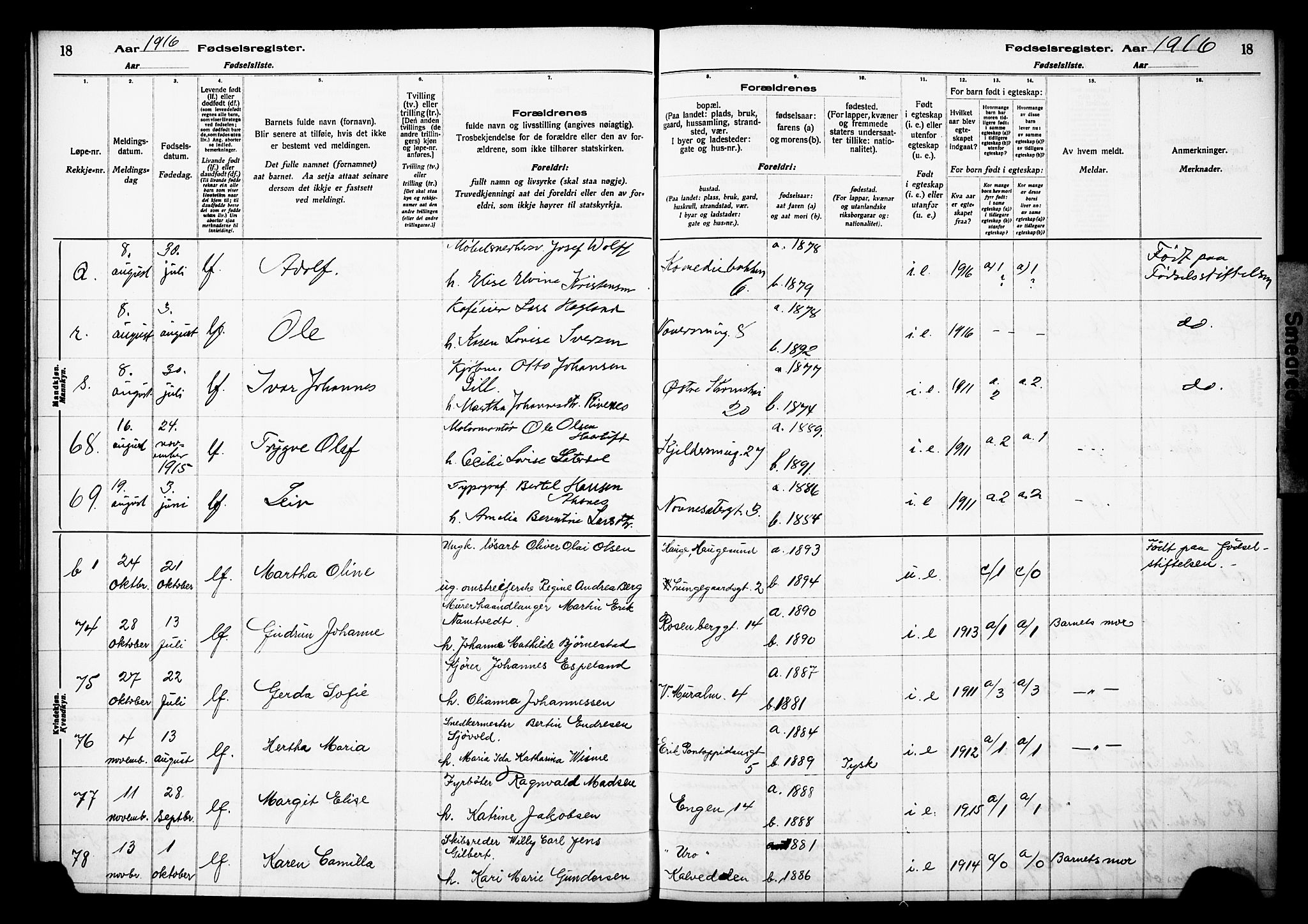 Domkirken sokneprestembete, AV/SAB-A-74801/I/Id/L00A1: Fødselsregister nr. A 1, 1916-1923, s. 18