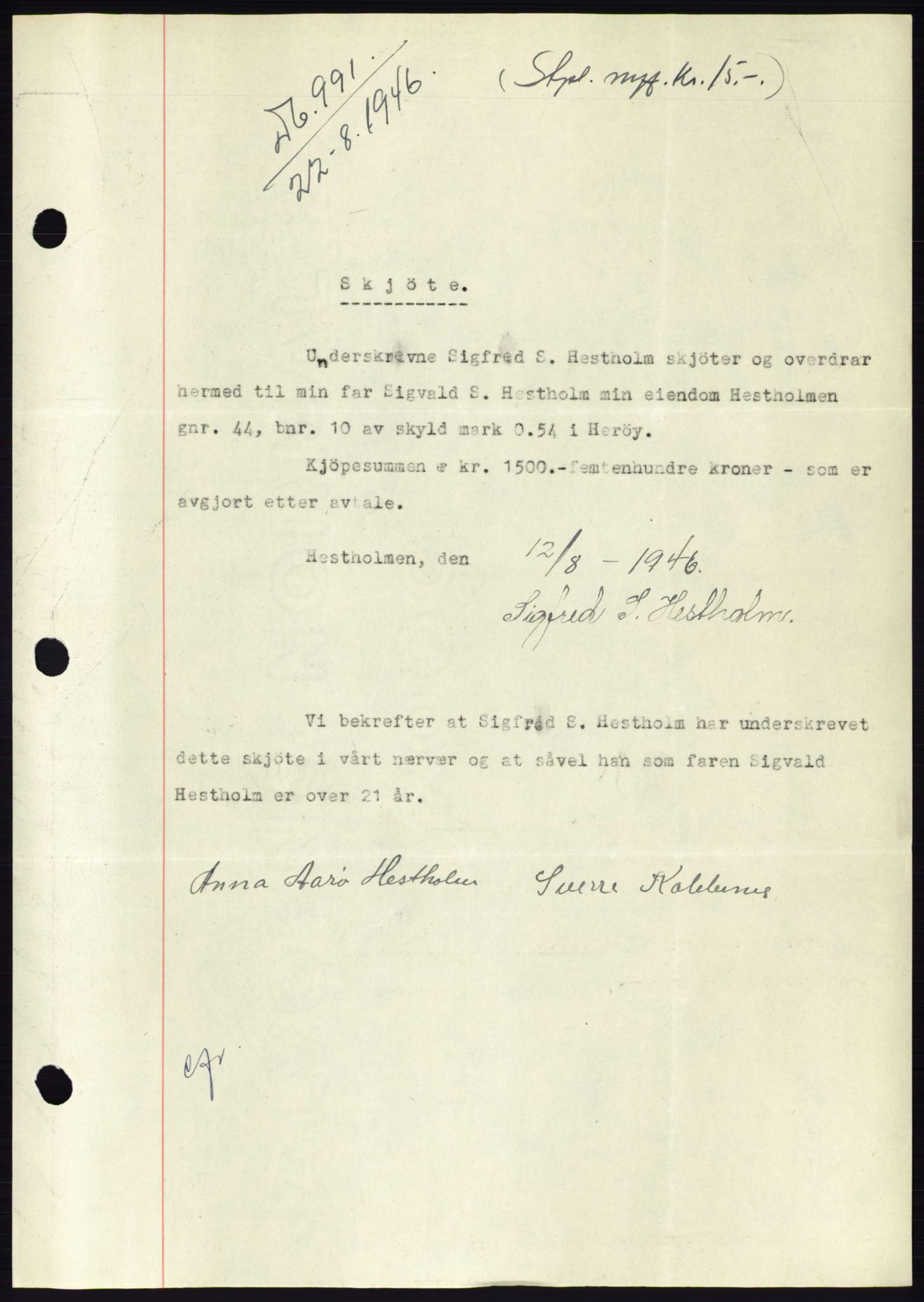 Søre Sunnmøre sorenskriveri, AV/SAT-A-4122/1/2/2C/L0078: Pantebok nr. 4A, 1946-1946, Dagboknr: 991/1946