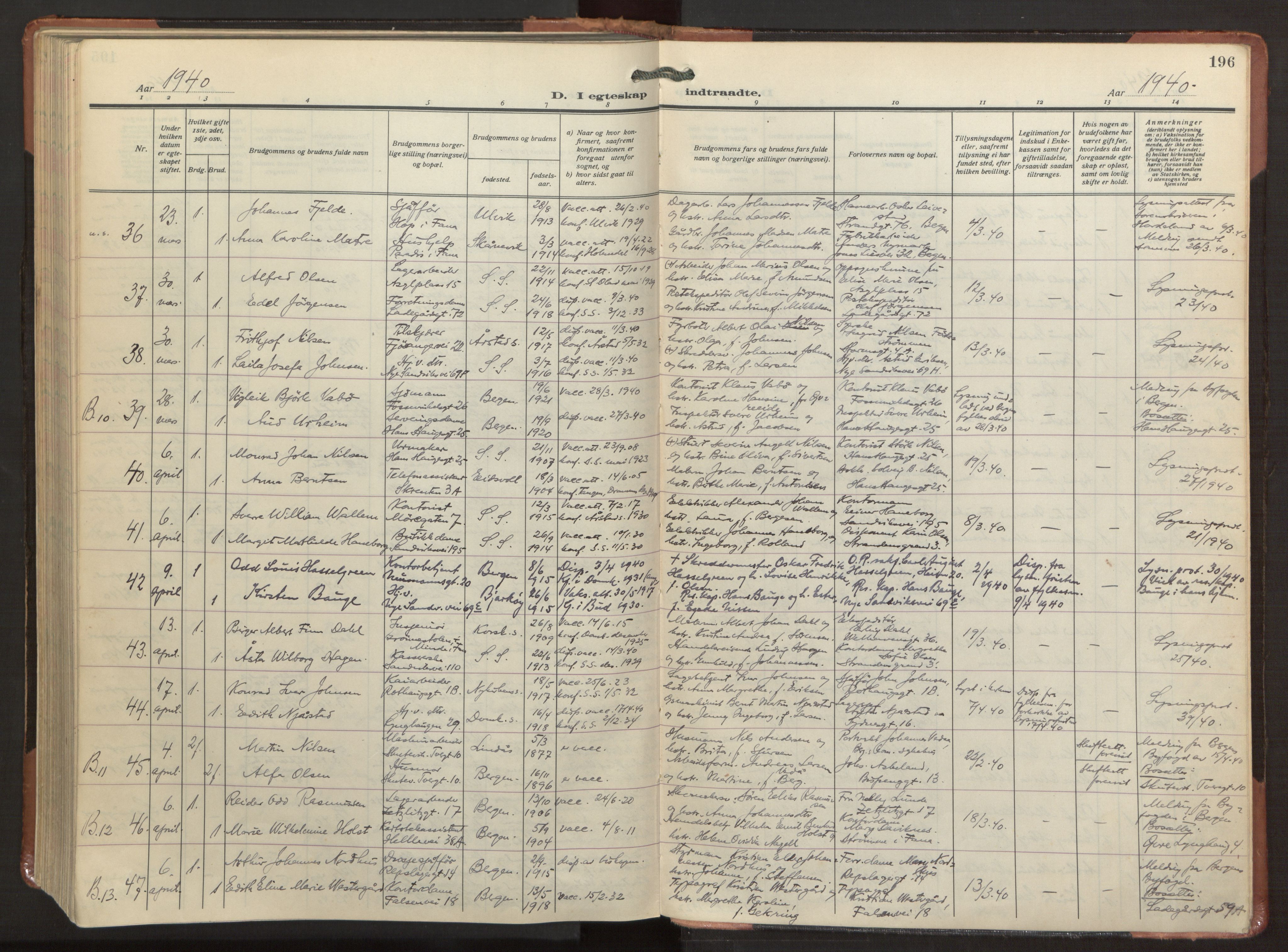 Sandviken Sokneprestembete, AV/SAB-A-77601/H/Ha/L0016: Ministerialbok nr. D 3, 1923-1940, s. 196