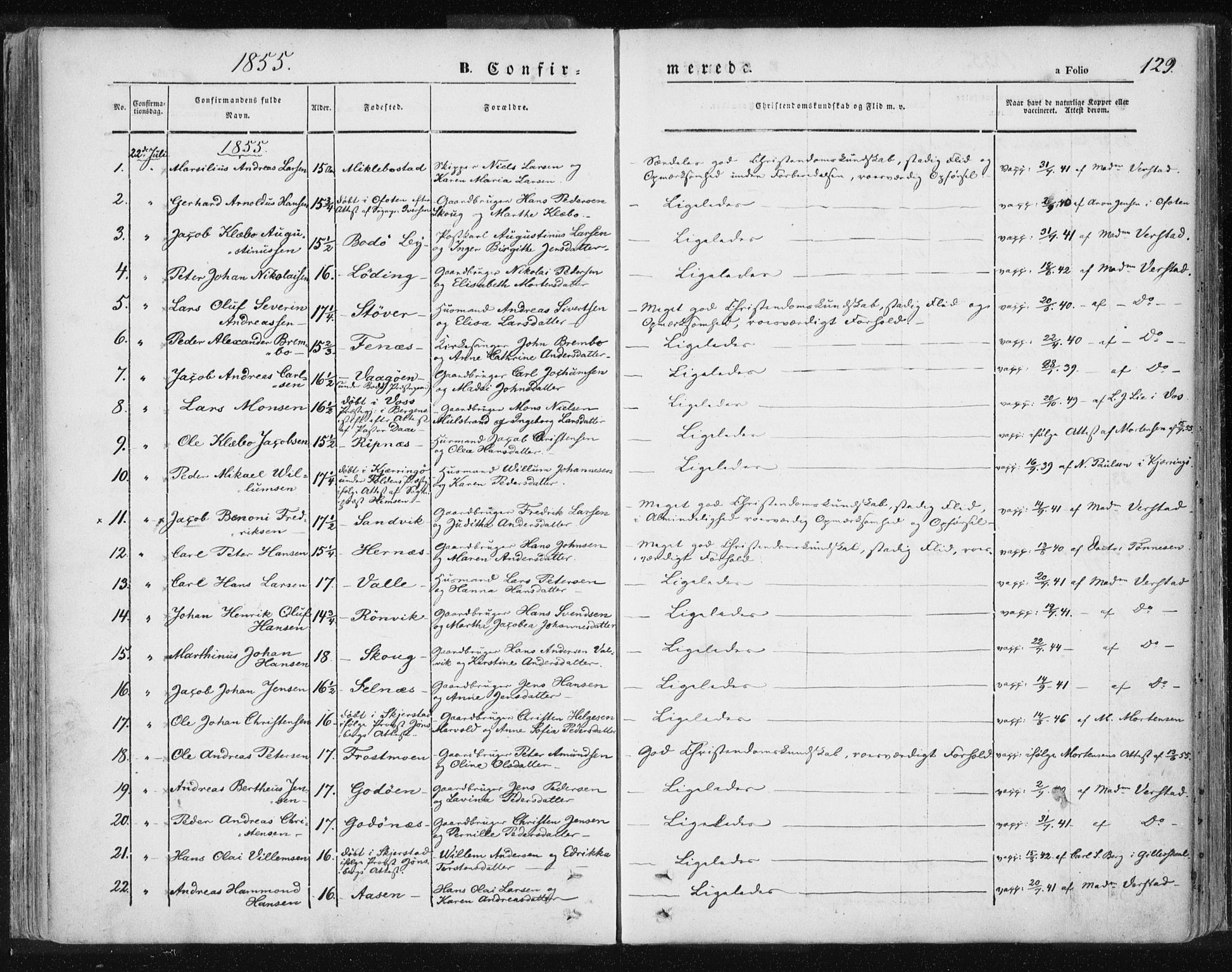 Ministerialprotokoller, klokkerbøker og fødselsregistre - Nordland, AV/SAT-A-1459/801/L0007: Ministerialbok nr. 801A07, 1845-1863, s. 129