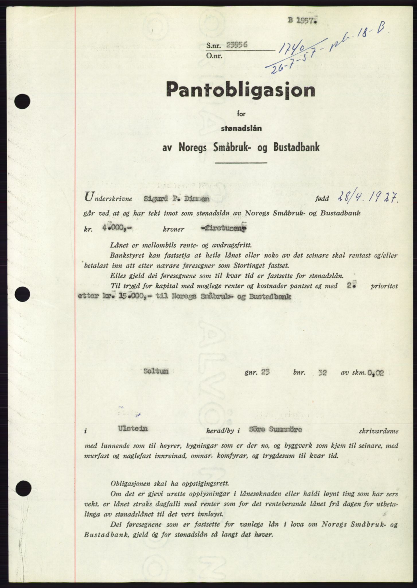 Søre Sunnmøre sorenskriveri, AV/SAT-A-4122/1/2/2C/L0130: Pantebok nr. 18B, 1957-1958, Dagboknr: 1740/1957