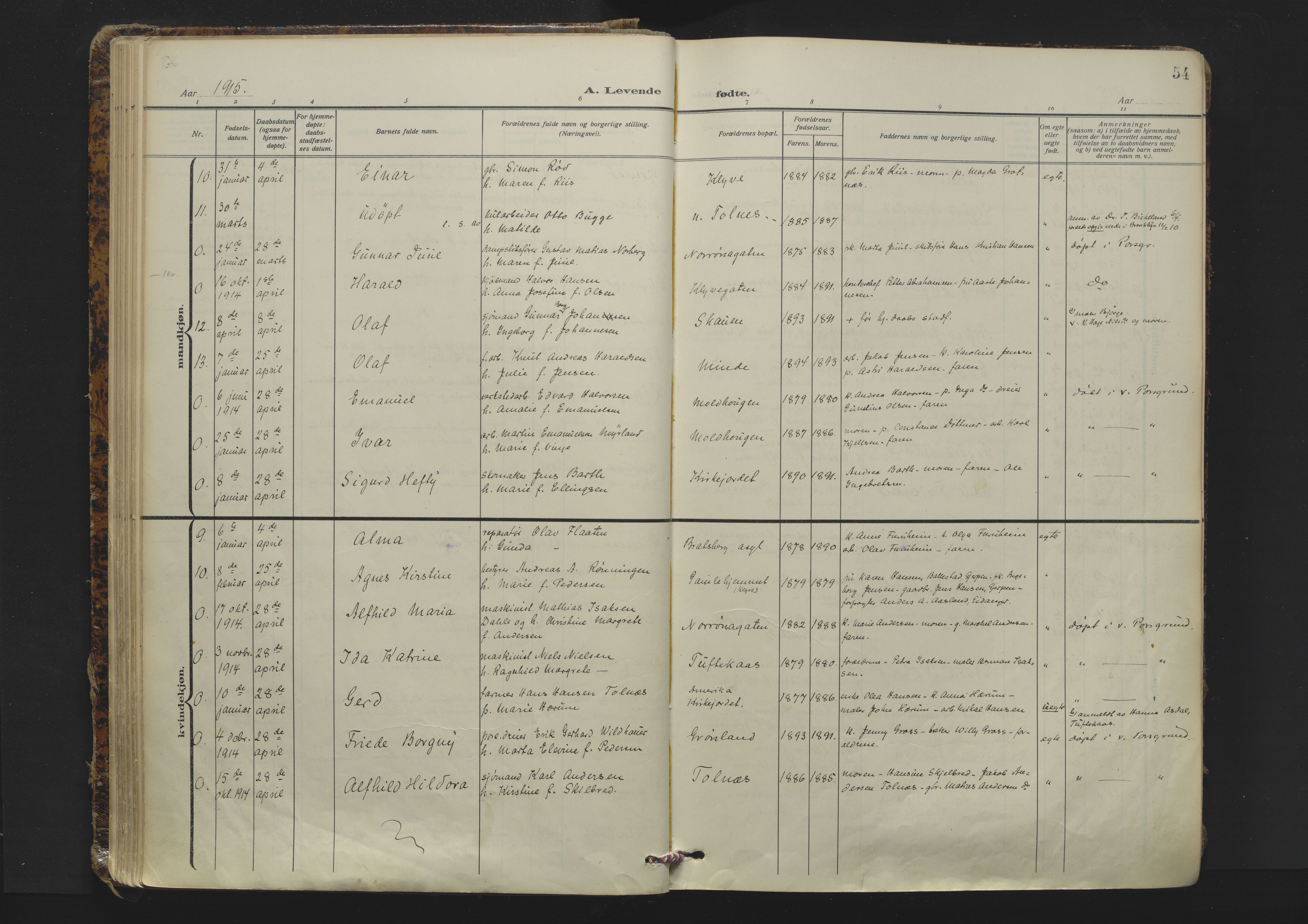 Solum kirkebøker, AV/SAKO-A-306/F/Fa/L0012: Ministerialbok nr. I 12, 1909-1922, s. 54