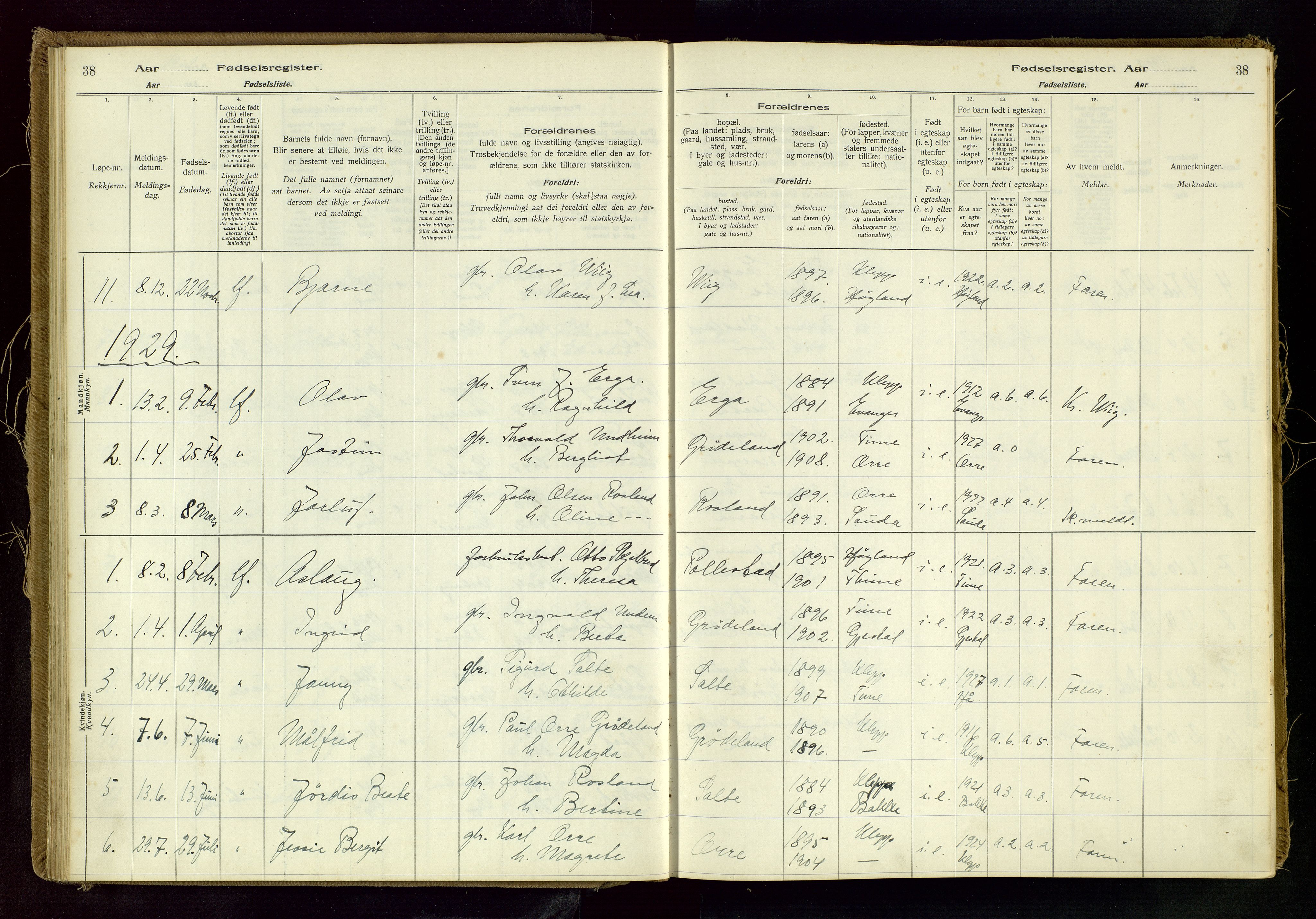 Klepp sokneprestkontor, SAST/A-101803/001/704BAC/L0001: Fødselsregister nr. 1, 1916-1982, s. 38