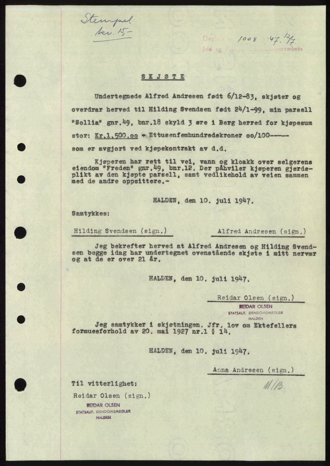 Idd og Marker sorenskriveri, SAO/A-10283/G/Gb/Gbb/L0009: Pantebok nr. A9, 1946-1947, Dagboknr: 1008/1947
