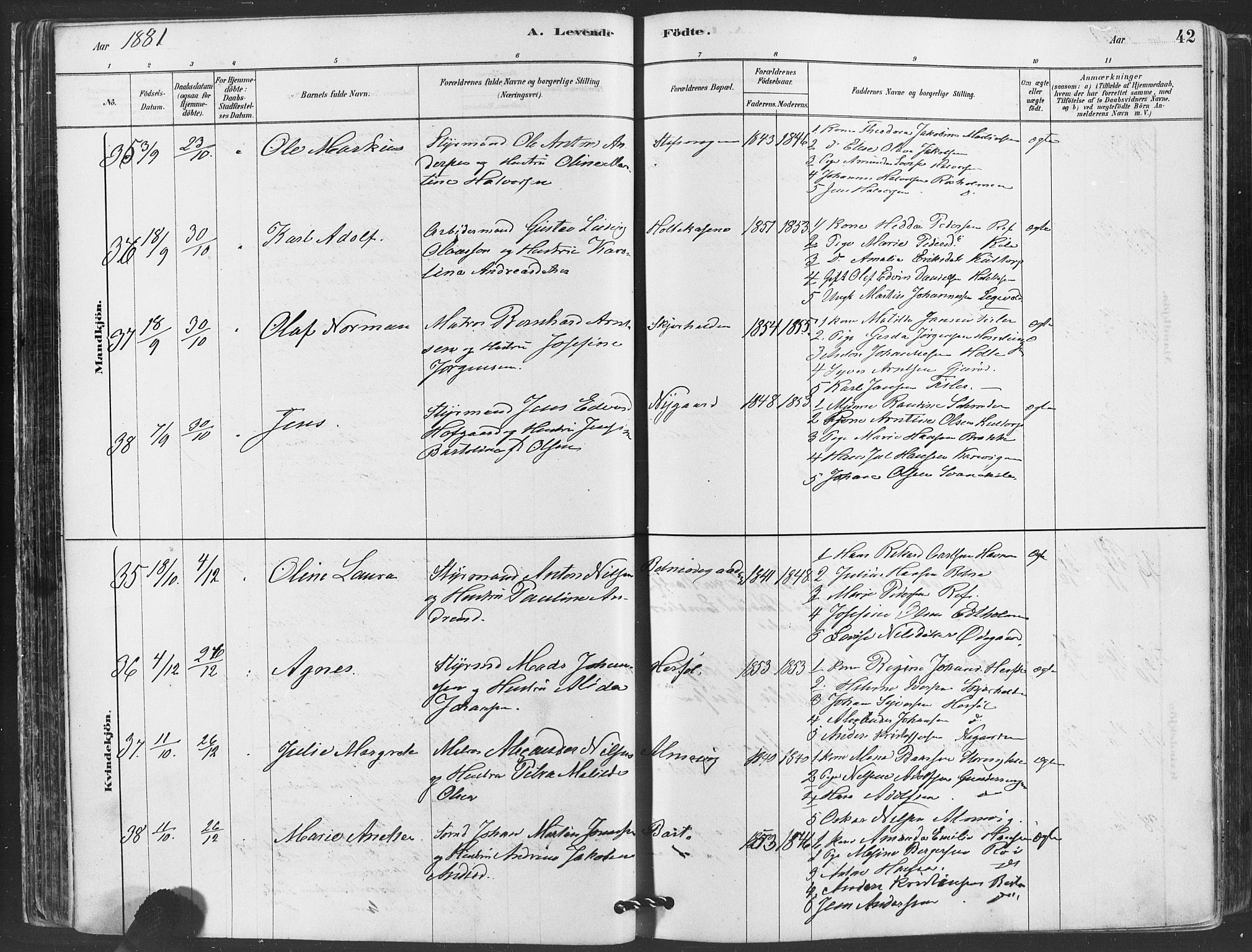 Hvaler prestekontor Kirkebøker, AV/SAO-A-2001/F/Fa/L0008: Ministerialbok nr. I 8, 1878-1895, s. 42