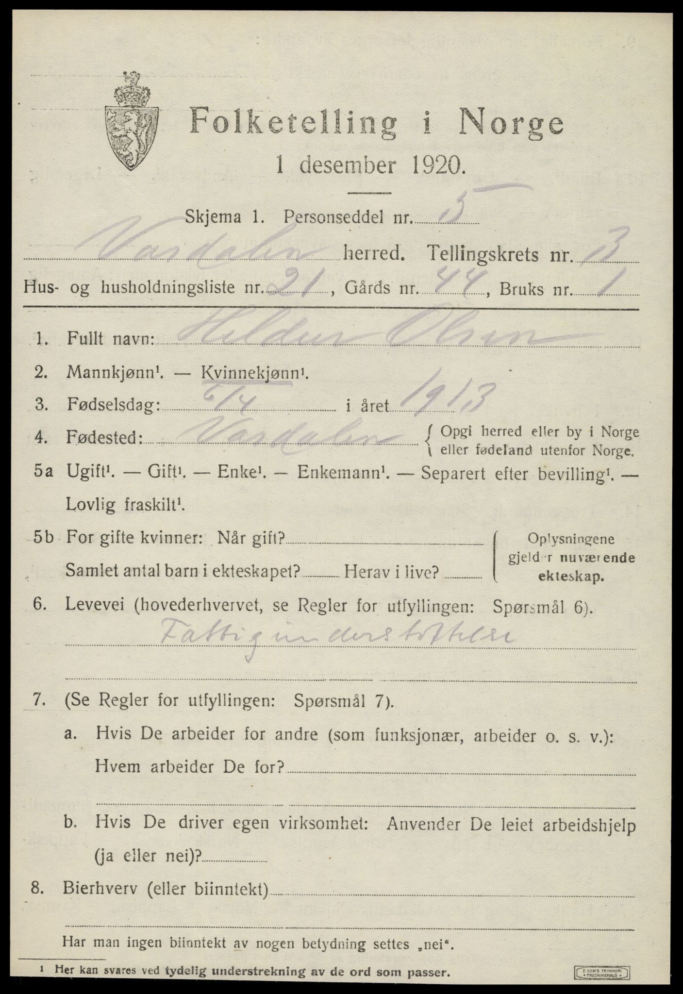 SAT, Folketelling 1920 for 1721 Verdal herred, 1920, s. 6949