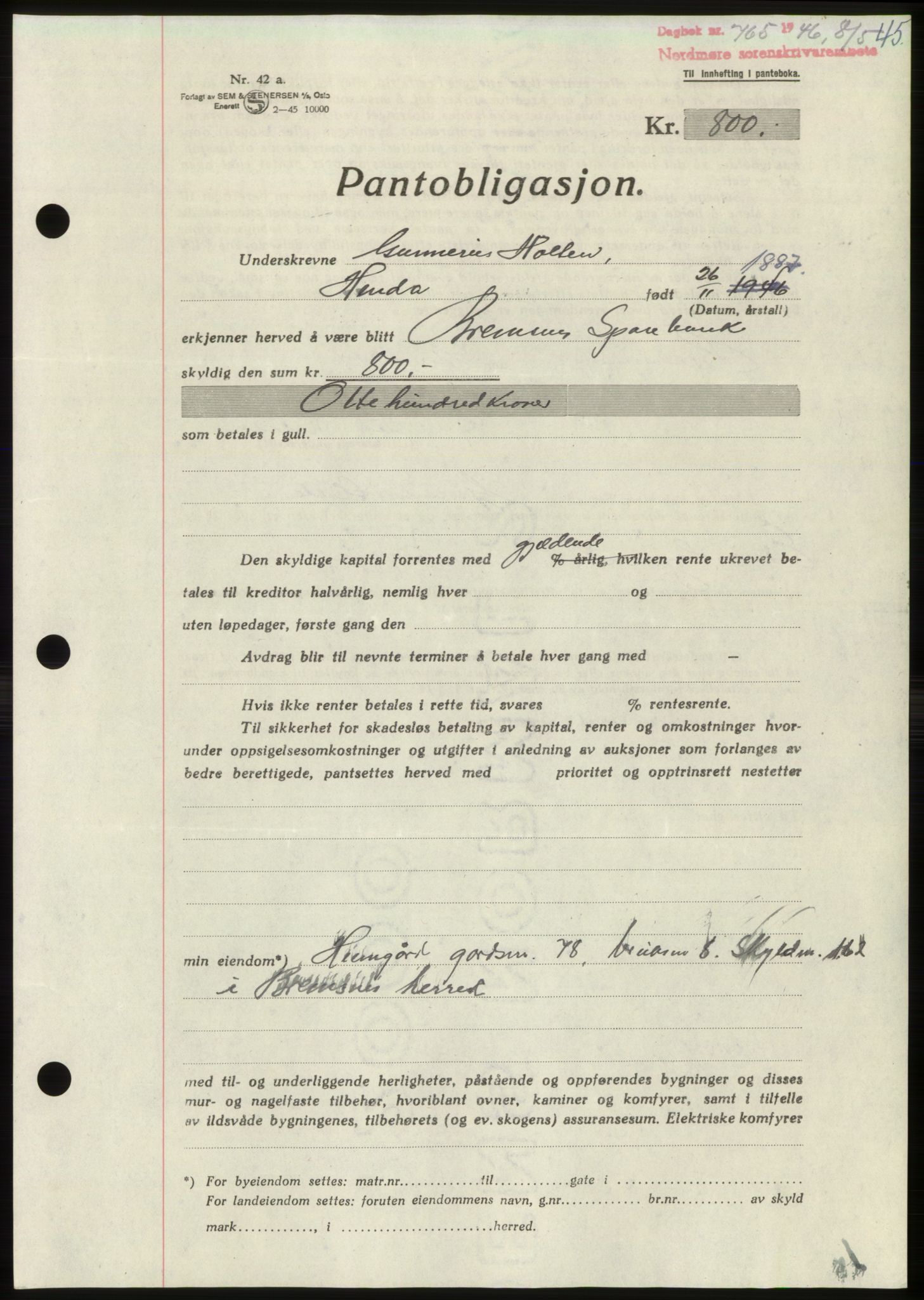 Nordmøre sorenskriveri, AV/SAT-A-4132/1/2/2Ca: Pantebok nr. B94, 1946-1946, Dagboknr: 765/1946