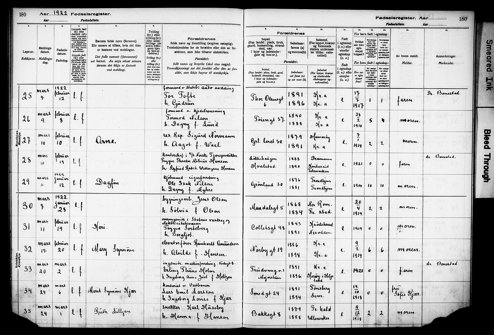 Grønland prestekontor Kirkebøker, AV/SAO-A-10848/J/Ja/L0001: Fødselsregister nr. 1, 1916-1922, s. 180