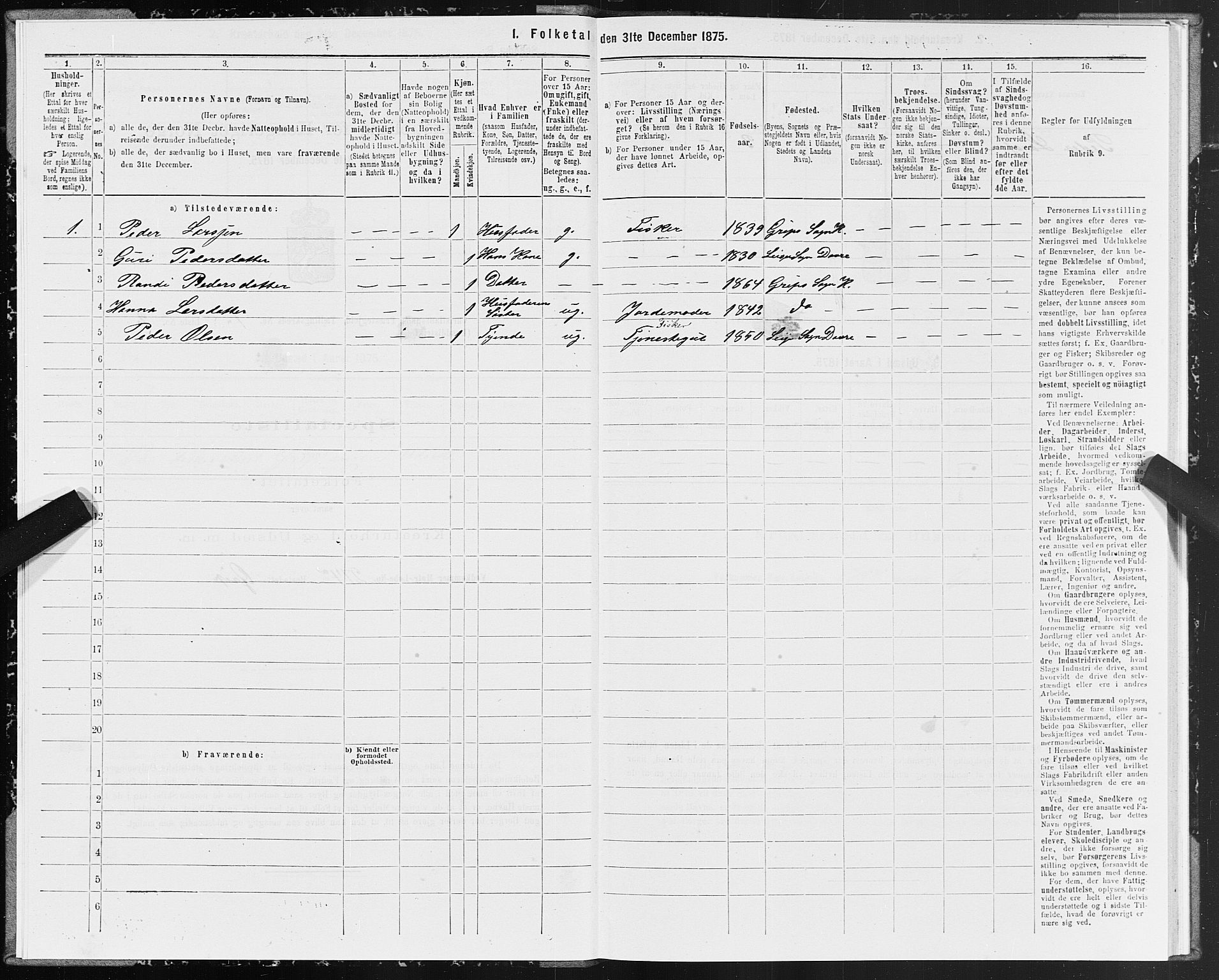 SAT, Folketelling 1875 for 1556L Kristiansund prestegjeld, Frei sokn og Grip sokn, 1875