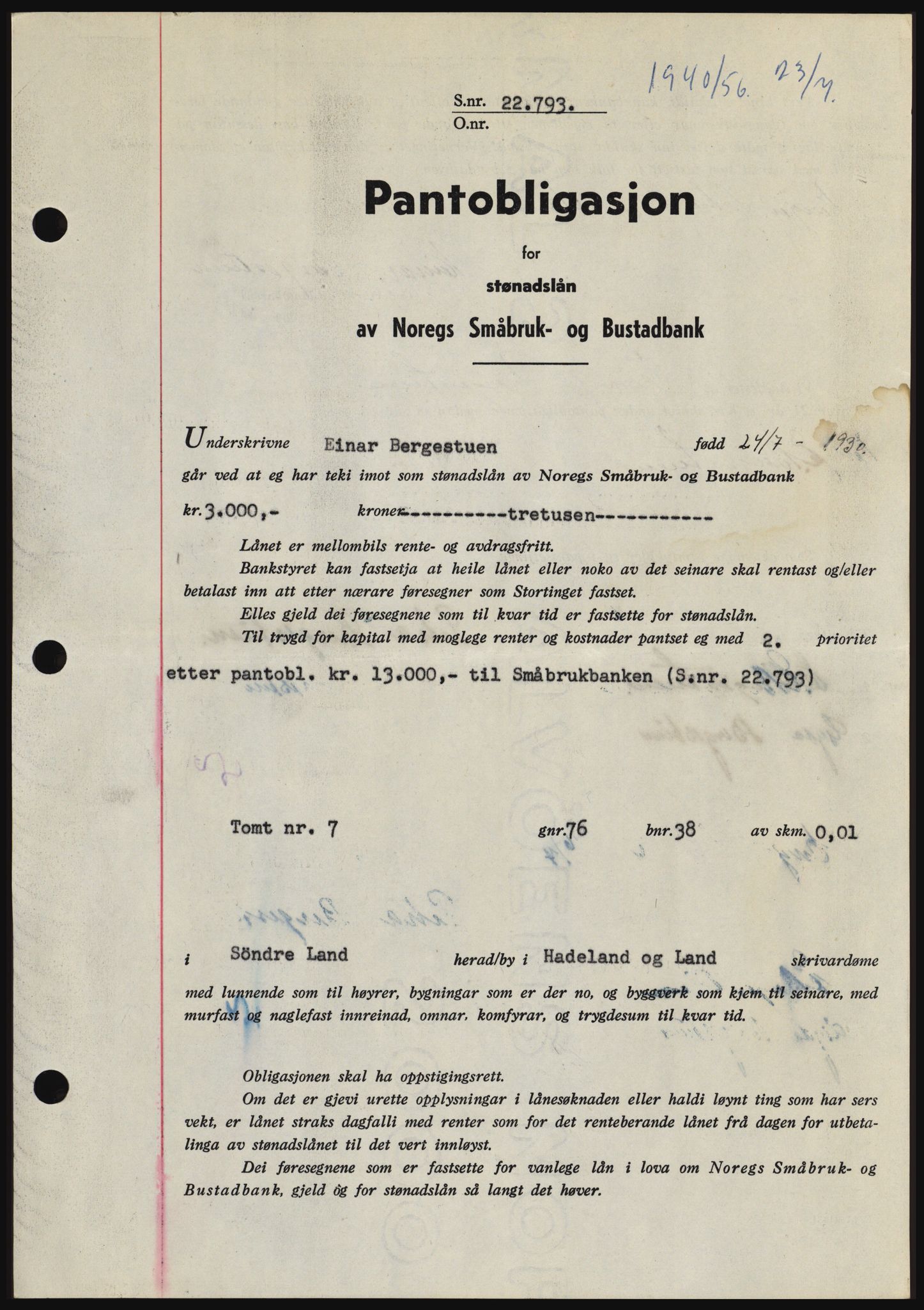 Hadeland og Land tingrett, SAH/TING-010/H/Hb/Hbc/L0034: Pantebok nr. B34, 1956-1956, Dagboknr: 1940/1956