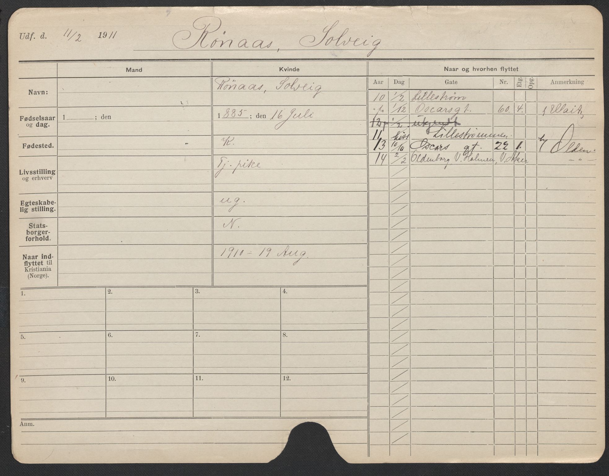 Oslo folkeregister, Registerkort, AV/SAO-A-11715/F/Fa/Fac/L0023: Kvinner, 1906-1914, s. 475a