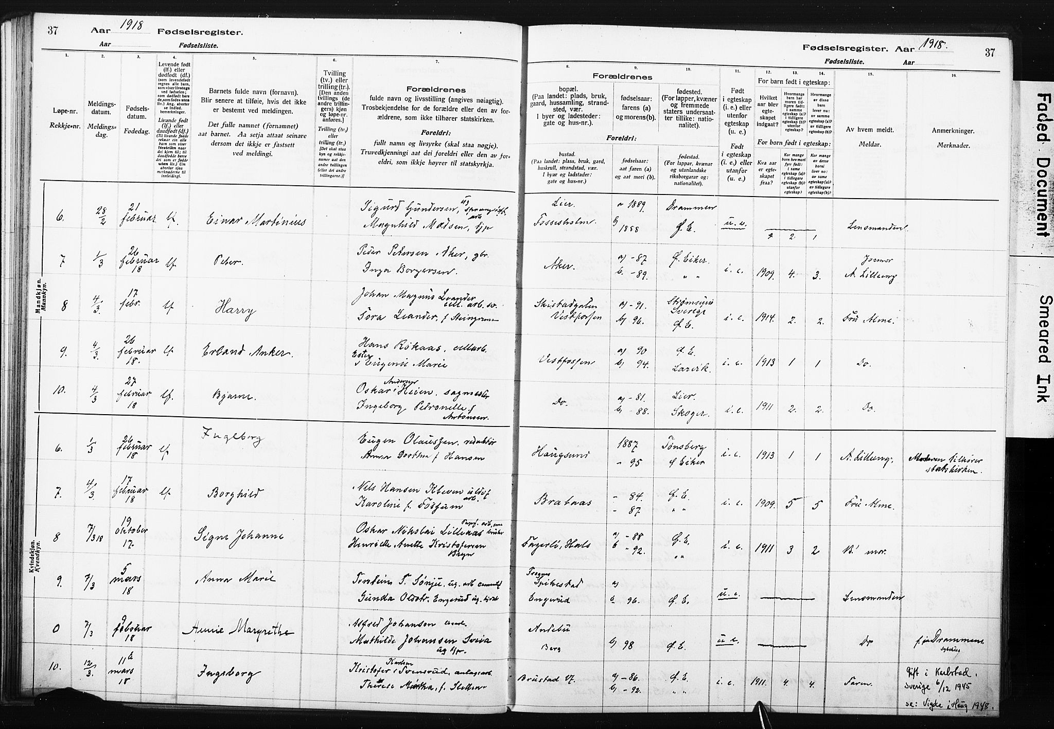 Eiker kirkebøker, AV/SAKO-A-4/J/Ja/L0001: Fødselsregister nr. I 1, 1916-1927, s. 37