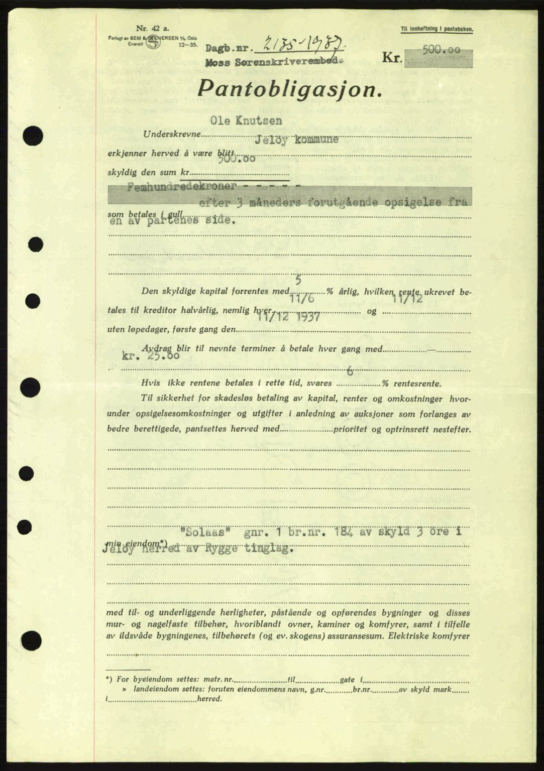Moss sorenskriveri, SAO/A-10168: Pantebok nr. B4, 1937-1938, Dagboknr: 2135/1937