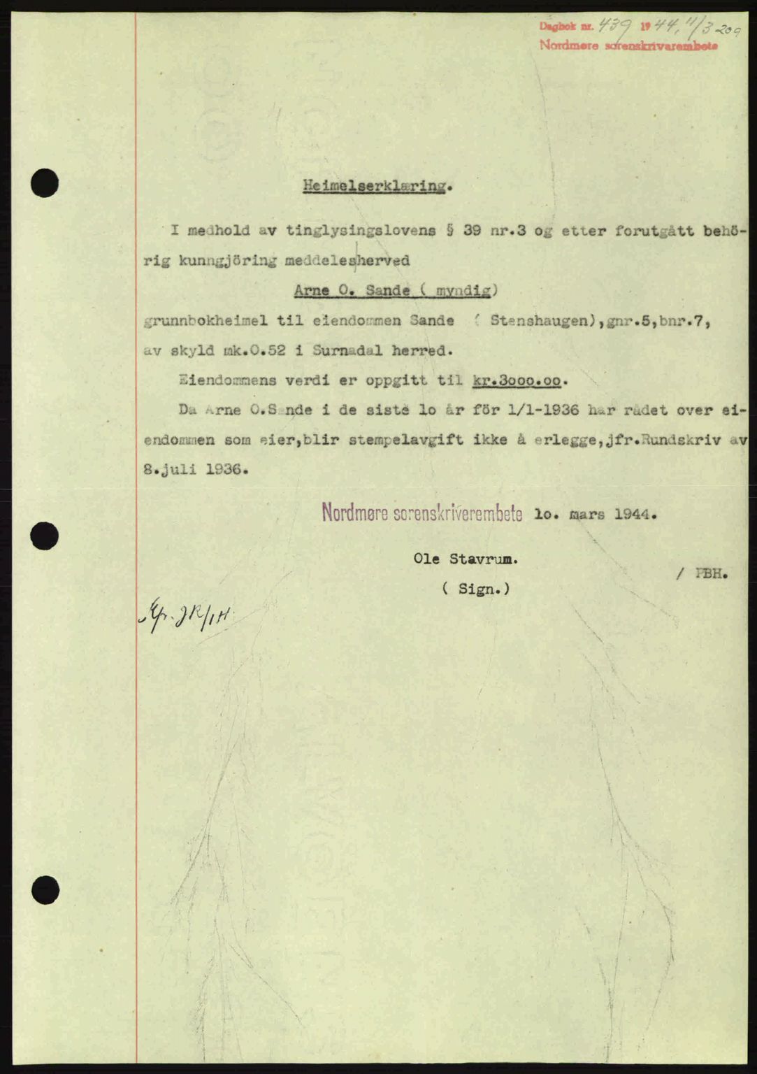 Nordmøre sorenskriveri, AV/SAT-A-4132/1/2/2Ca: Pantebok nr. A97, 1944-1944, Dagboknr: 439/1944