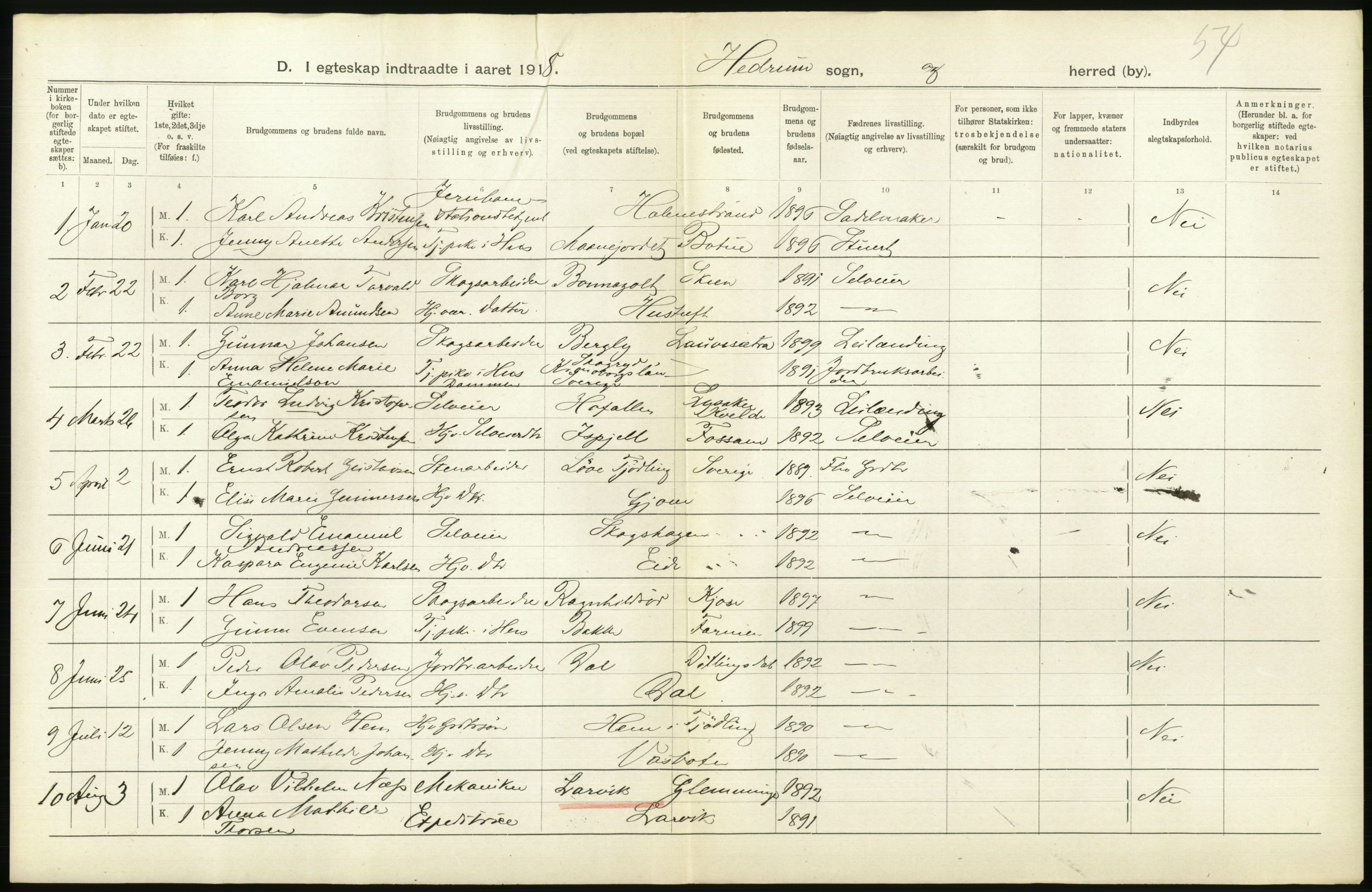 Statistisk sentralbyrå, Sosiodemografiske emner, Befolkning, AV/RA-S-2228/D/Df/Dfb/Dfbh/L0022: Vestfold fylke: Gifte, dødfødte. Bygder og byer., 1918, s. 156