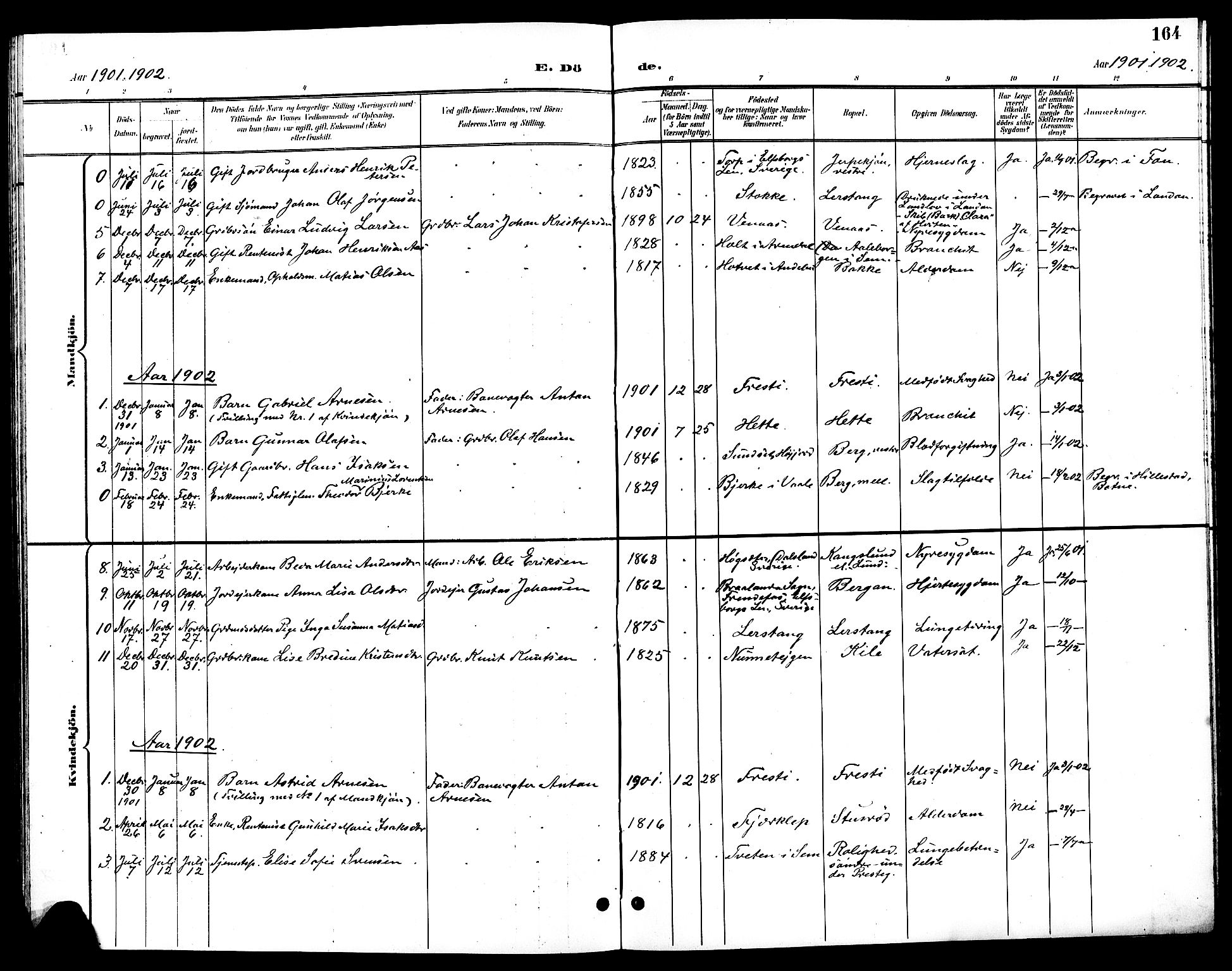 Ramnes kirkebøker, AV/SAKO-A-314/G/Ga/L0004: Klokkerbok nr. I 4, 1896-1911, s. 164