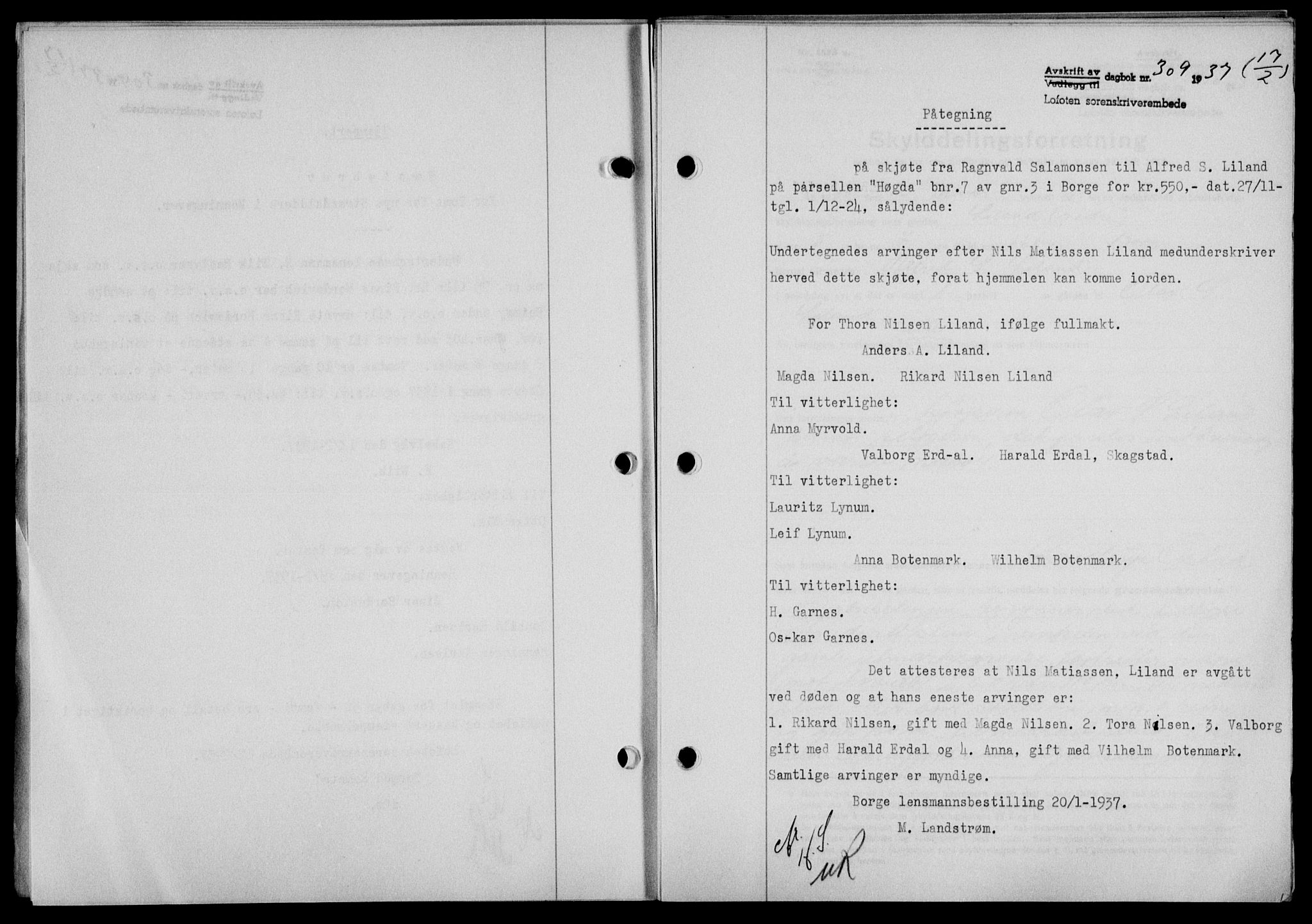 Lofoten sorenskriveri, SAT/A-0017/1/2/2C/L0001a: Pantebok nr. 1a, 1936-1937, Dagboknr: 309/1937