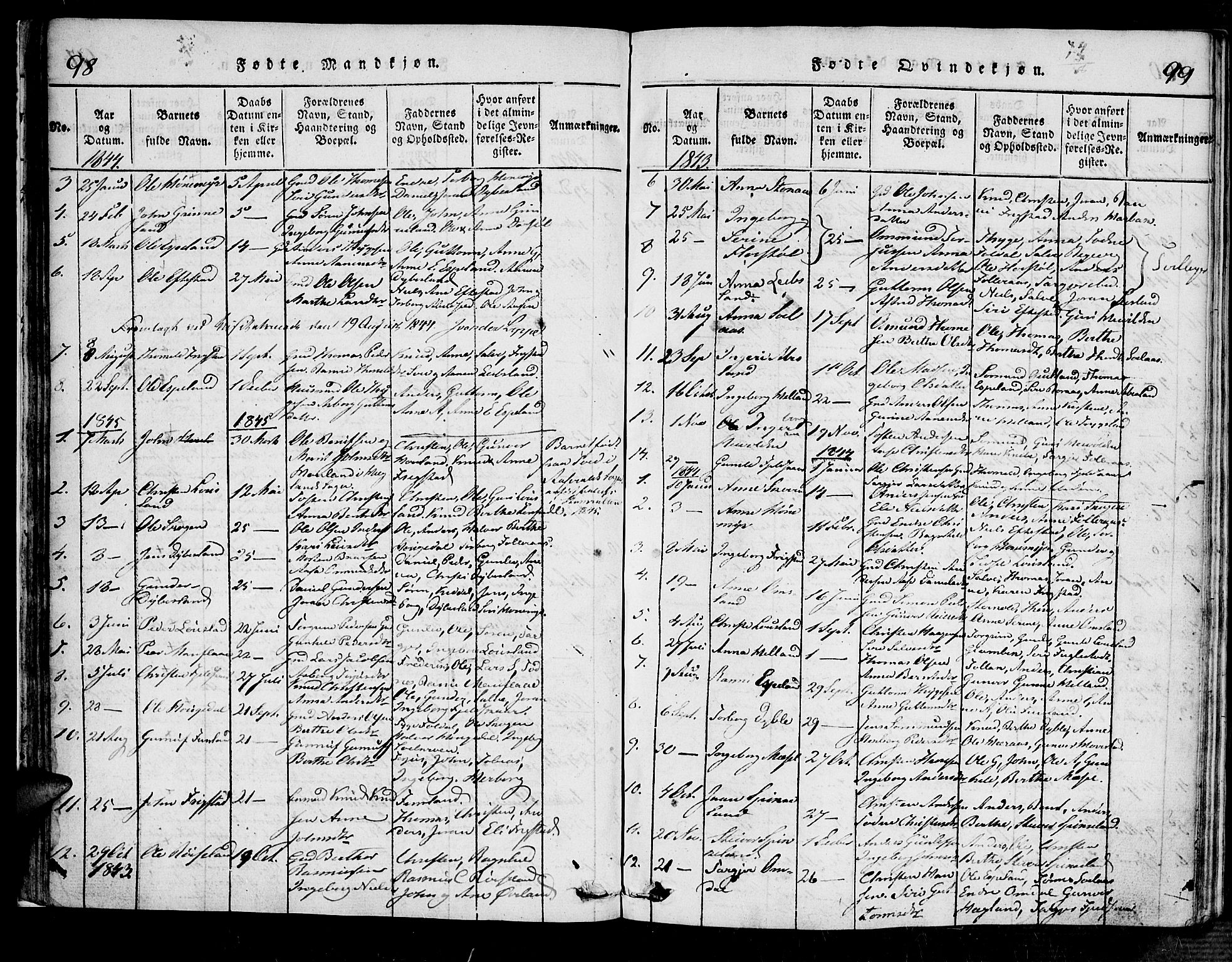 Bjelland sokneprestkontor, AV/SAK-1111-0005/F/Fa/Fab/L0002: Ministerialbok nr. A 2, 1816-1869, s. 98-99