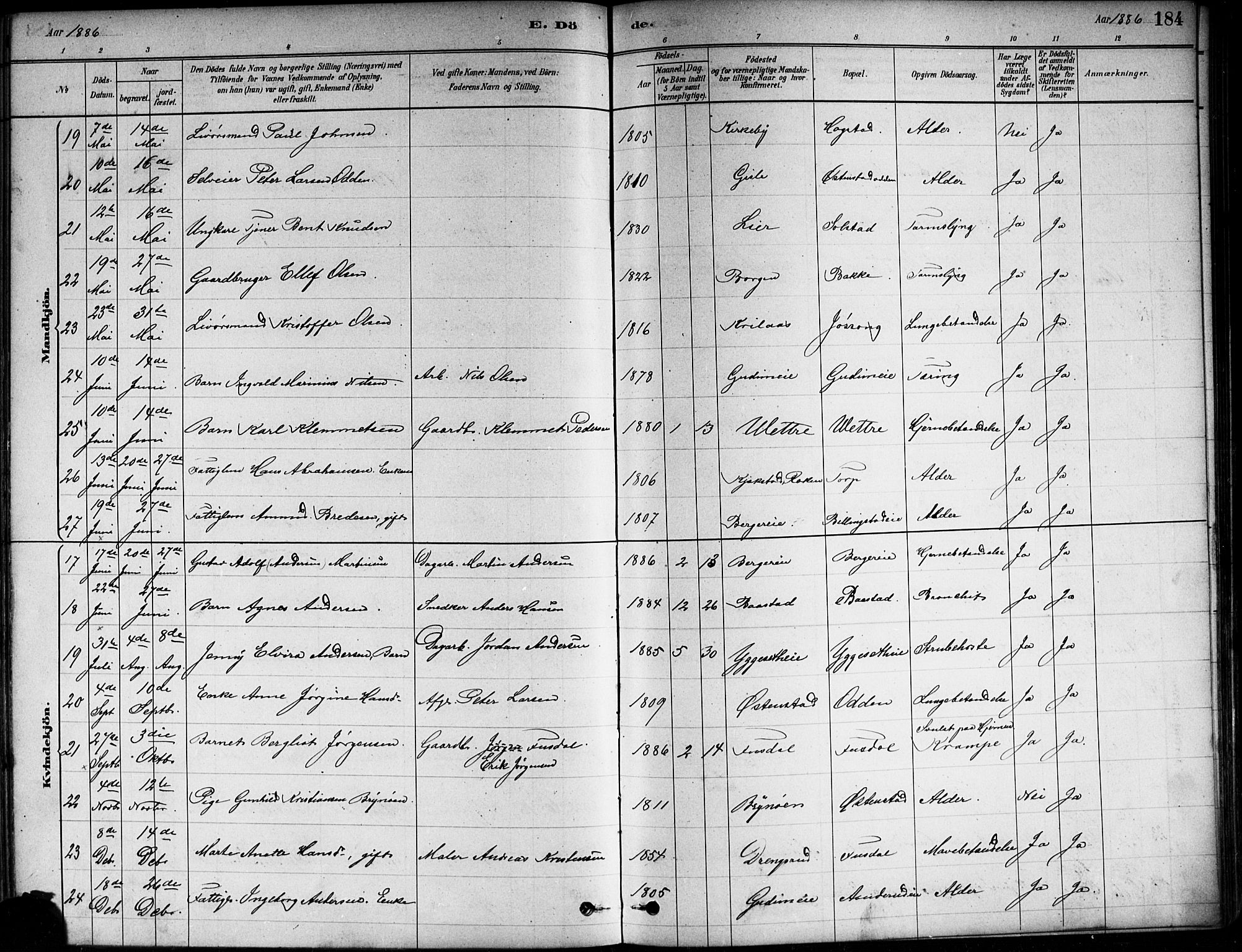 Asker prestekontor Kirkebøker, AV/SAO-A-10256a/F/Fa/L0013: Ministerialbok nr. I 13, 1879-1896, s. 184